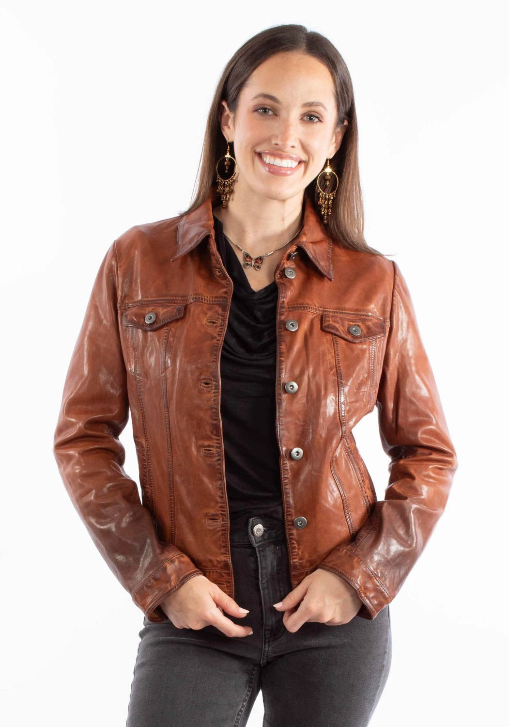 Scully Womens Washed Crinkle Vintage Brown Leather Leather Jacket Auxiliary Attachment Points ThermalReflective