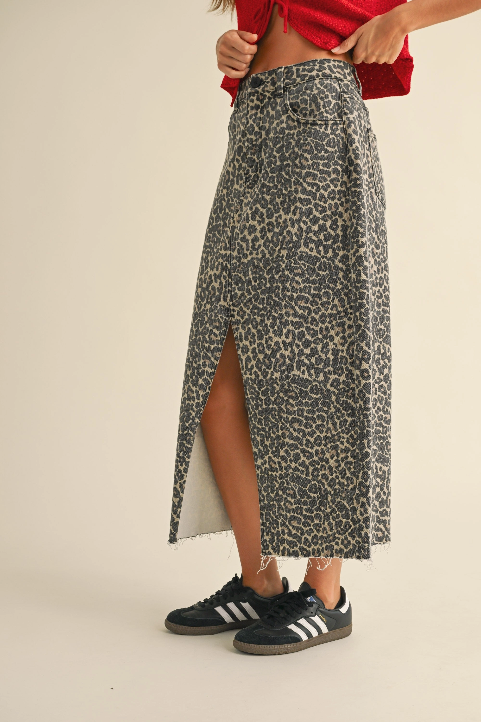 Leopard Print Midi Skirt Convertible Collar