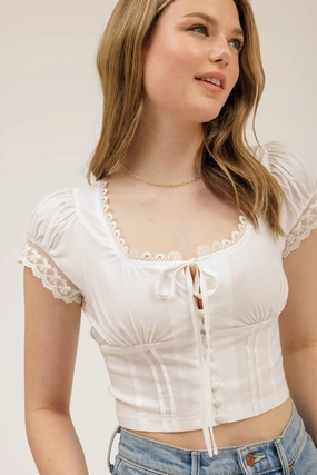 Liam Lace Trim Button Down Front Tie Crop Top Stability - optimized