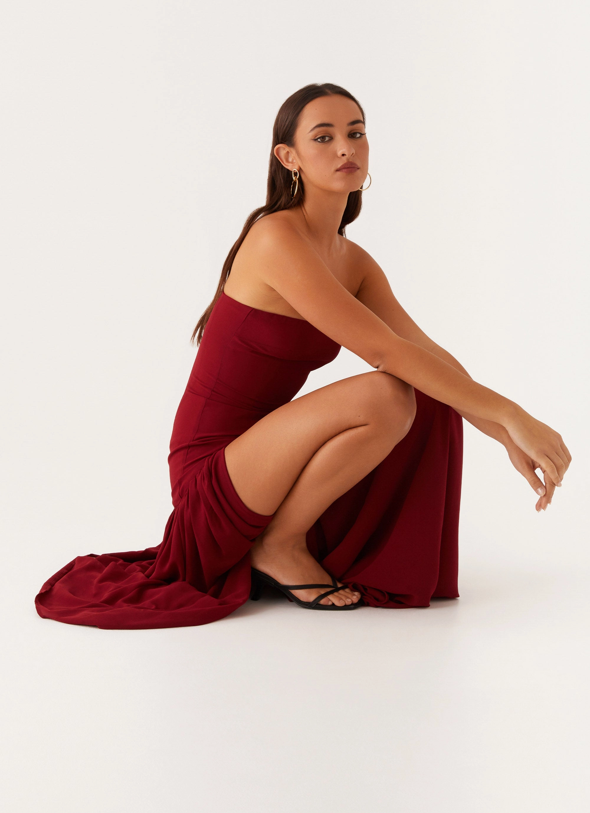 Eden Strapless Maxi Dress - Maroon Flattering Look Fit Fitted Base