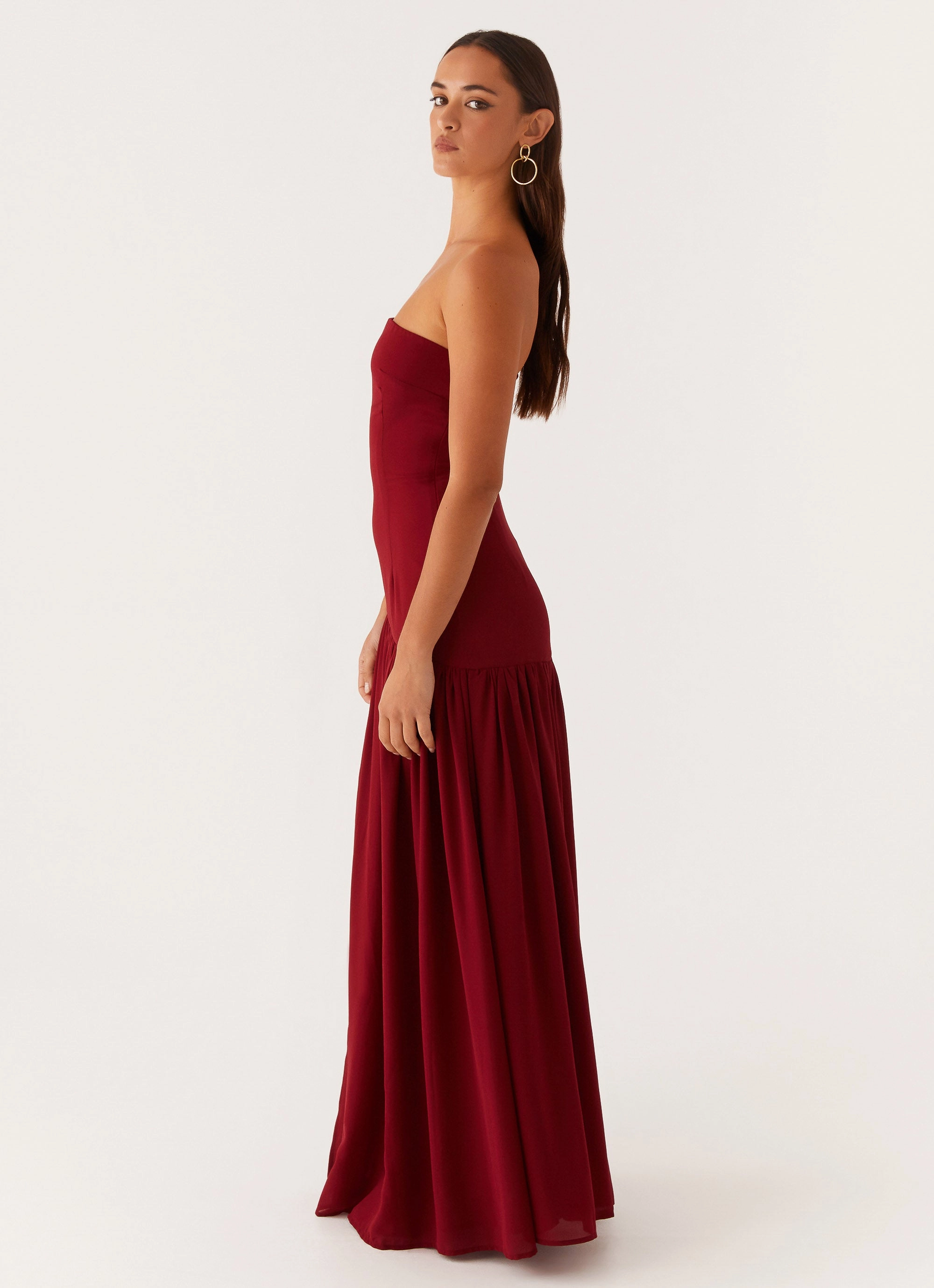 Eden Strapless Maxi Dress - Maroon Event Safe Draped Silhouette