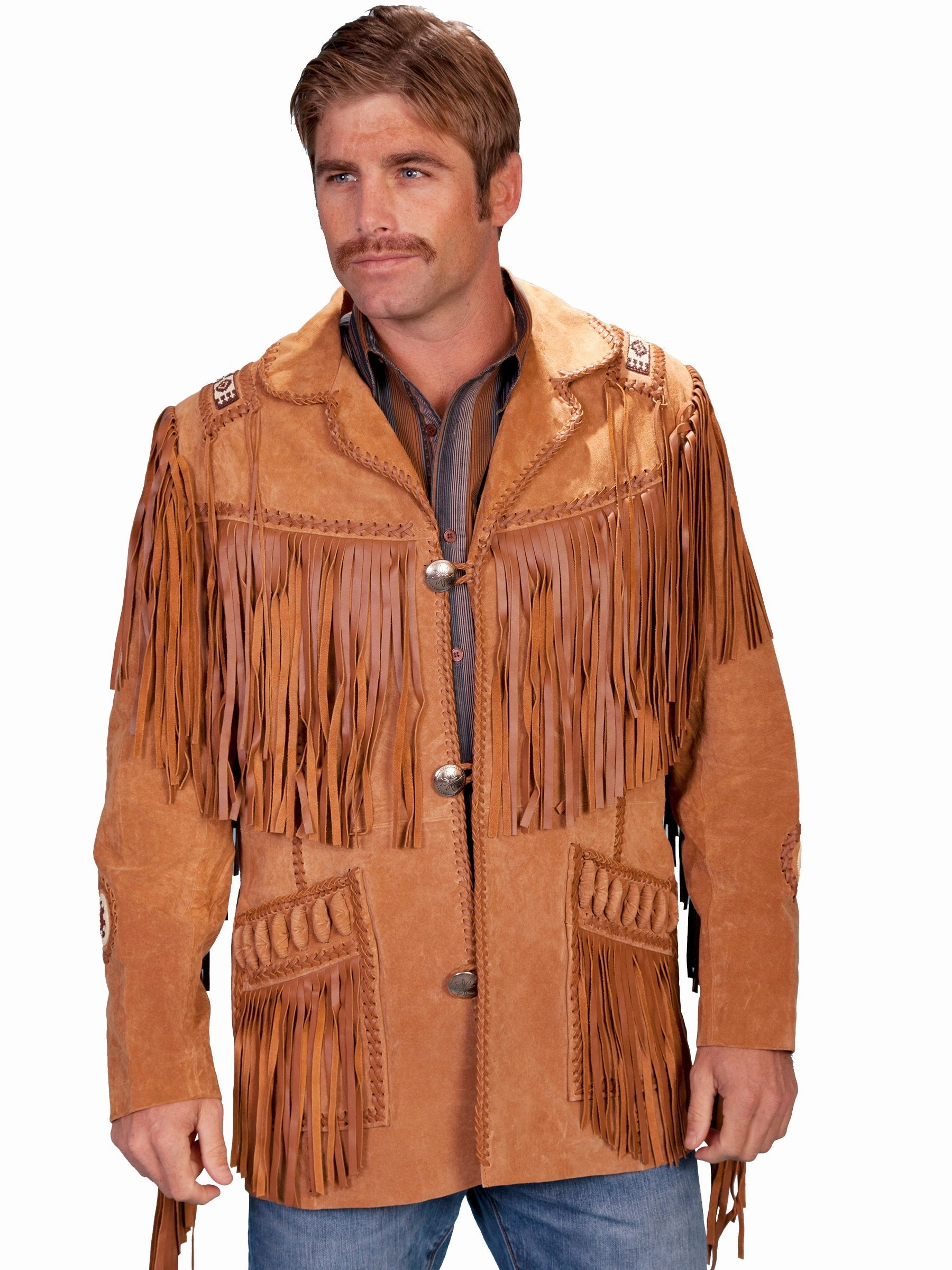 Multi pockets AntiStaticCoating Scully Leather Mens Mountain Man Handlaced Bead Trim Coat Bourbon