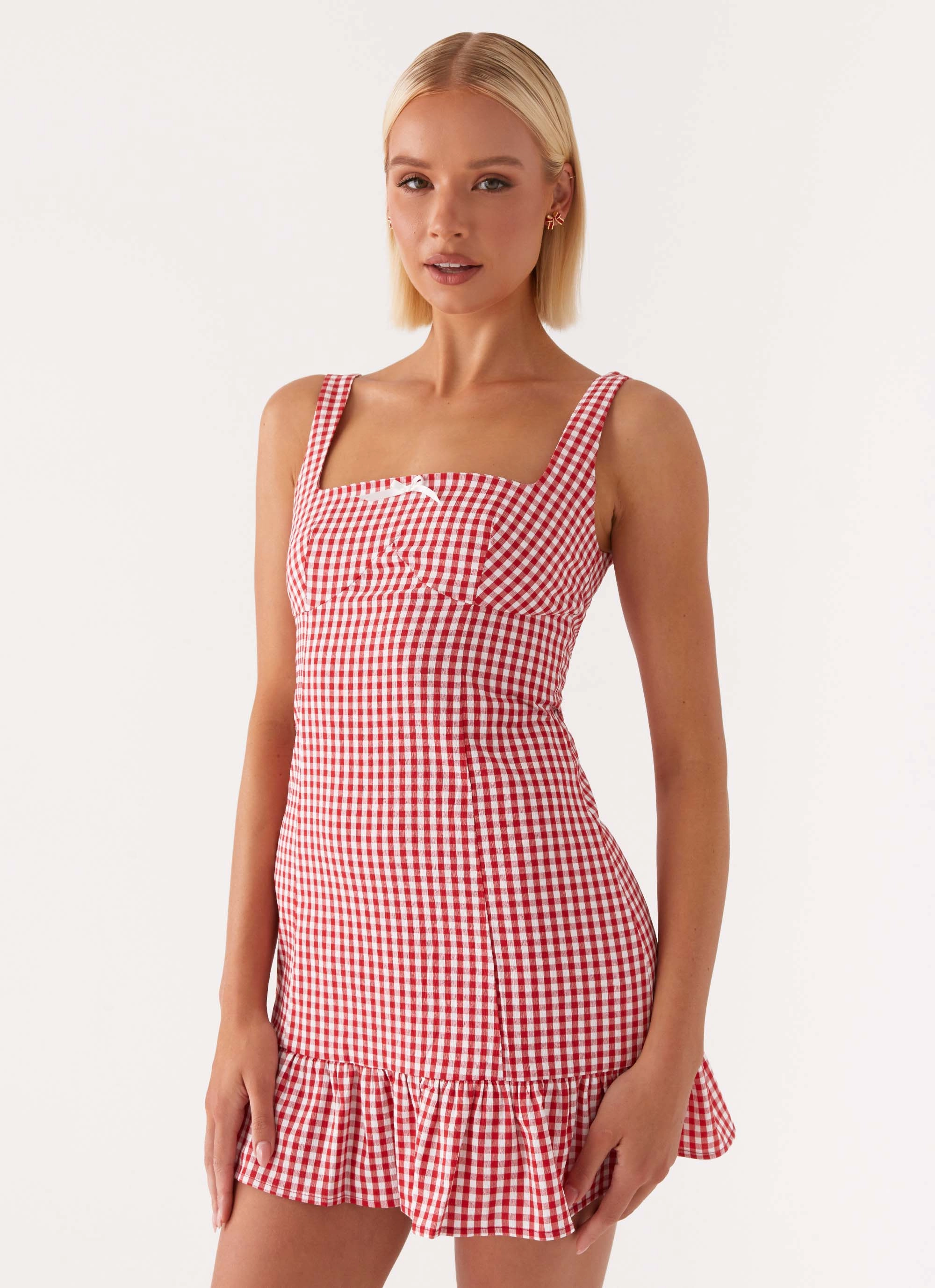 Cotton-Blend Natural Tones Honesty Mini Dress - Red Gingham