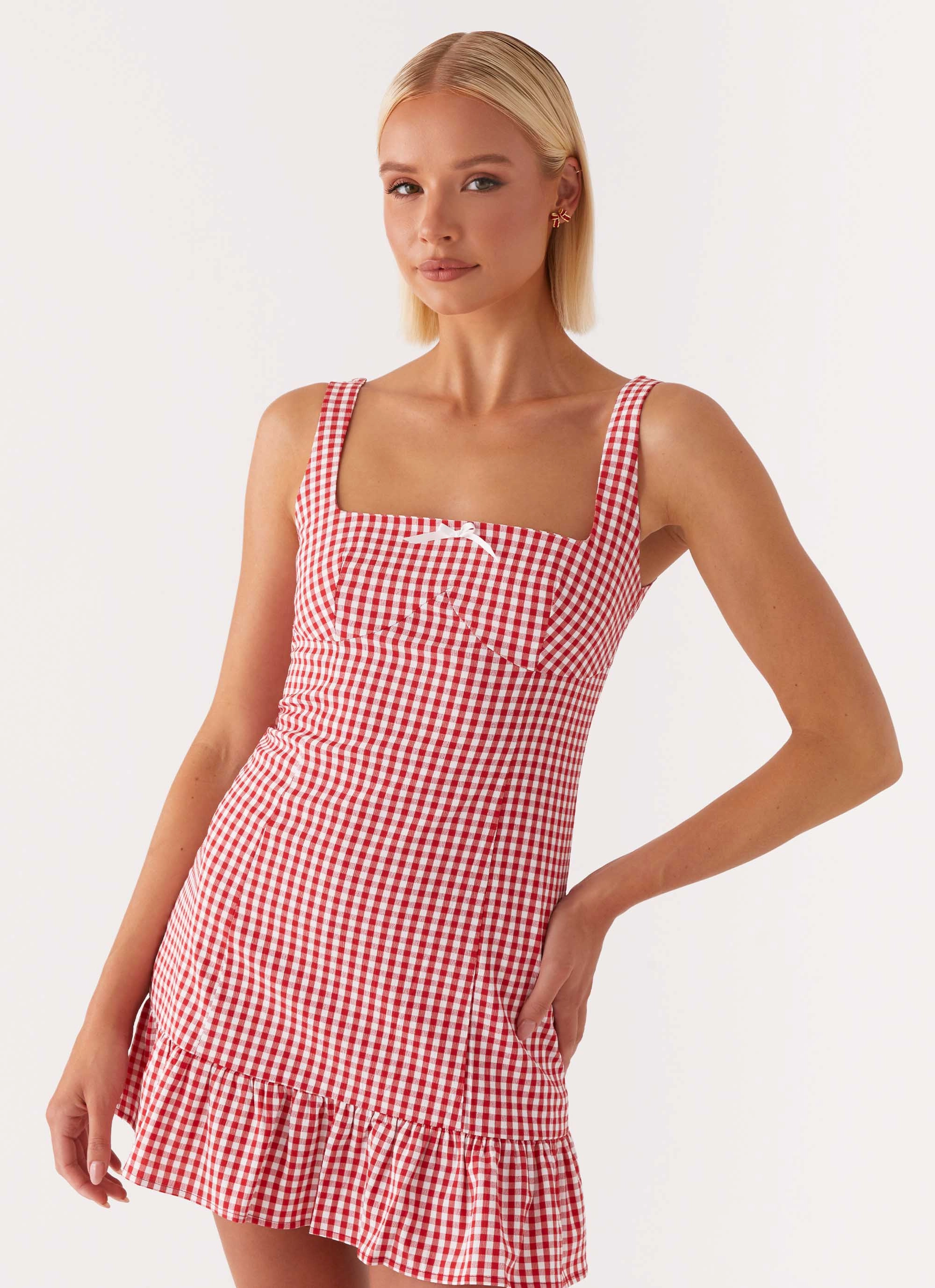 Honesty Mini Dress - Red Gingham Statement-Piece Dropped-Waist