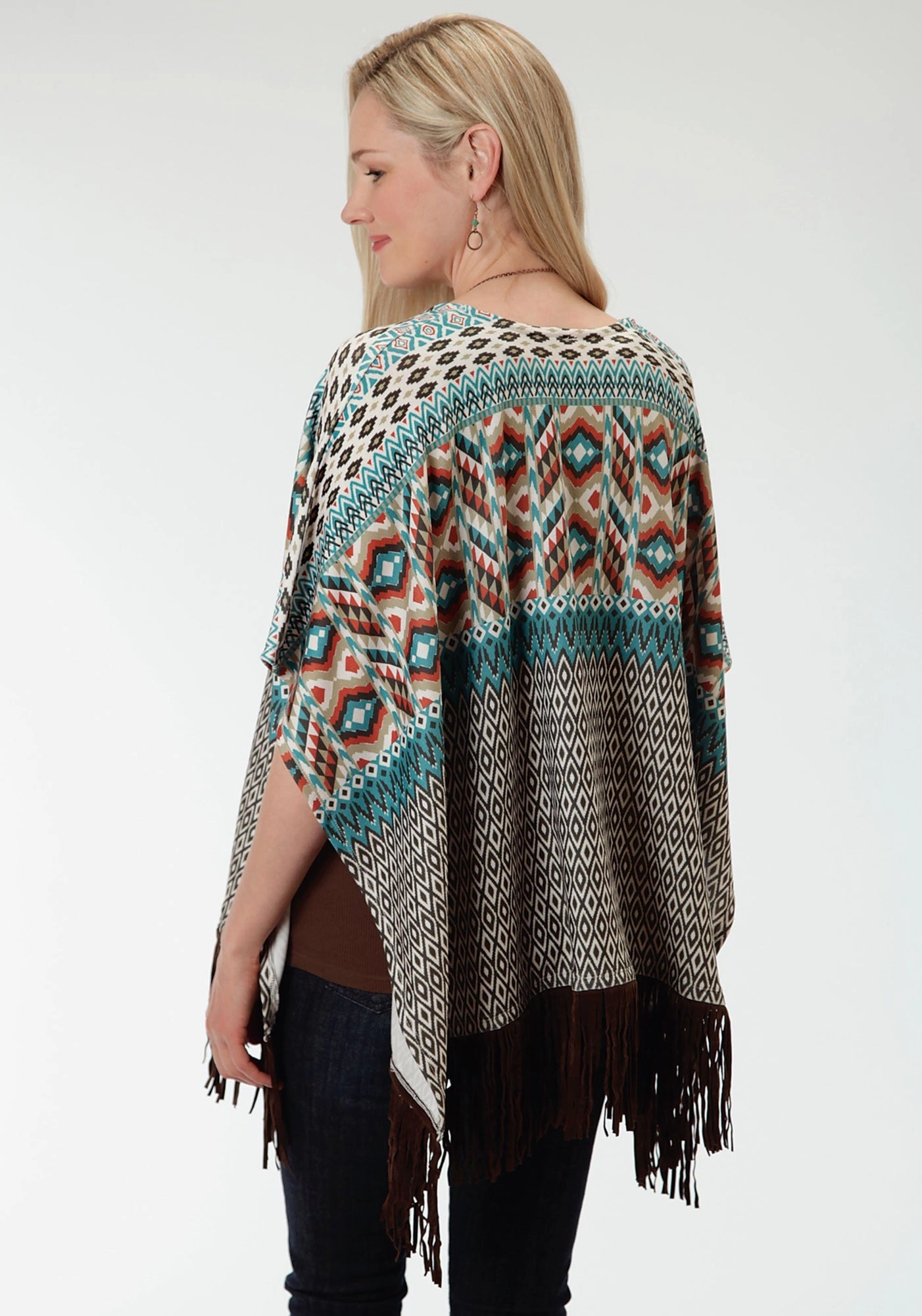 Roper Aztec Print Ladies Brown Polyester Poncho Sweater Luxury Knit