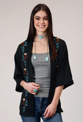 Roper Womens American Crepe Black 100% Polyester Cardigan Sweater Biodegradable Fiber Option Trendy Winter