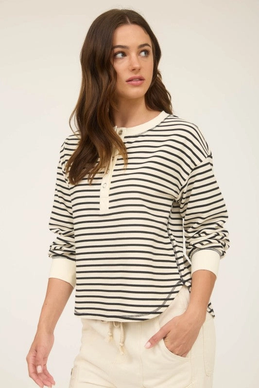 Sarah Stripe Henley Snap Button Long Sleeve Knit Top Drop Shoulder Cut Taped Neckline