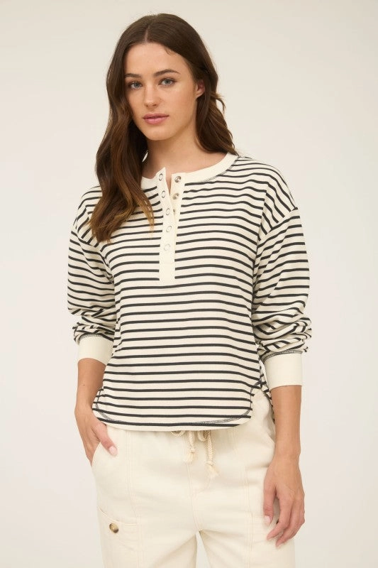 Sarah Stripe Henley Snap Button Long Sleeve Knit Top SublimatedPrint AntiPilling