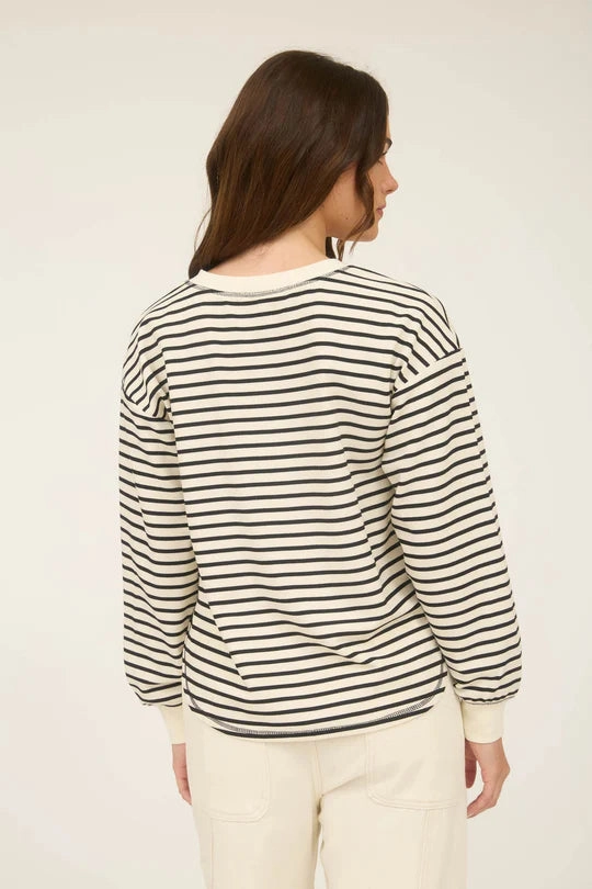 Sarah Stripe Henley Snap Button Long Sleeve Knit Top Microfiber Blend