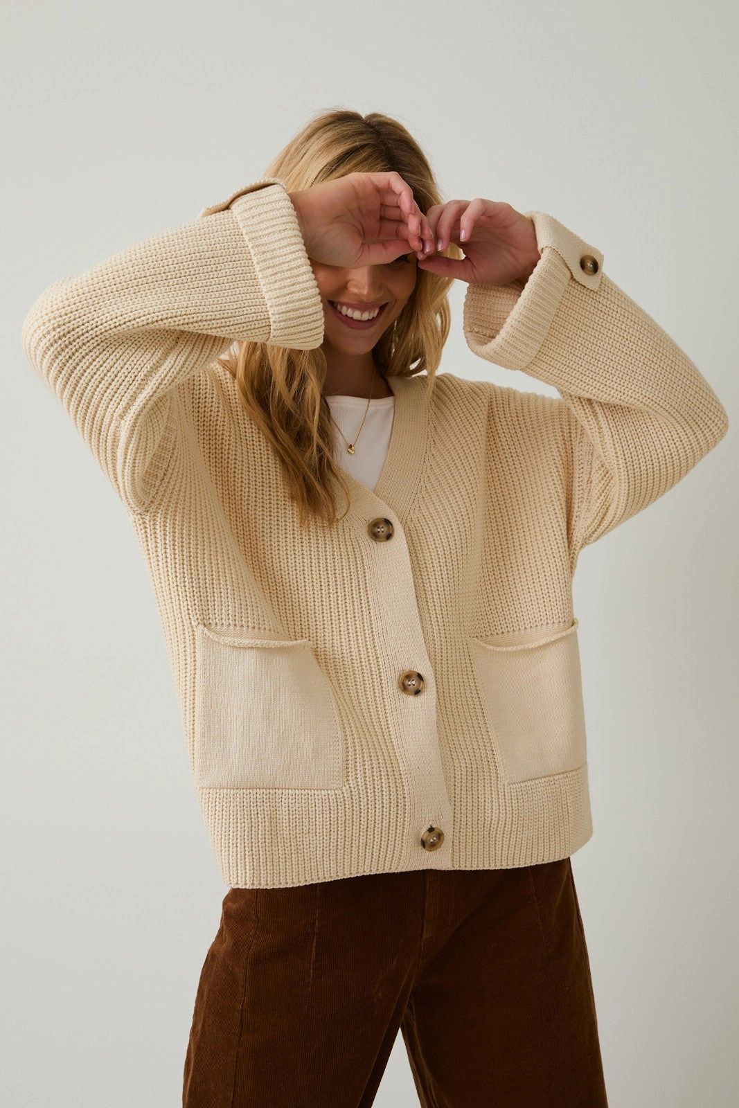 Oversized Button Up Cardigan ReinforcedHem Brushed Inner Layer