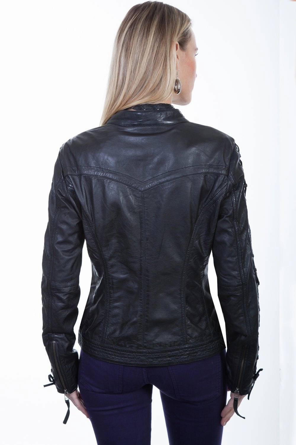 Temperature Balancing Layer Water Resistant Coat Scully Womens Black Lamb Leather Laced Sleeve Jacket