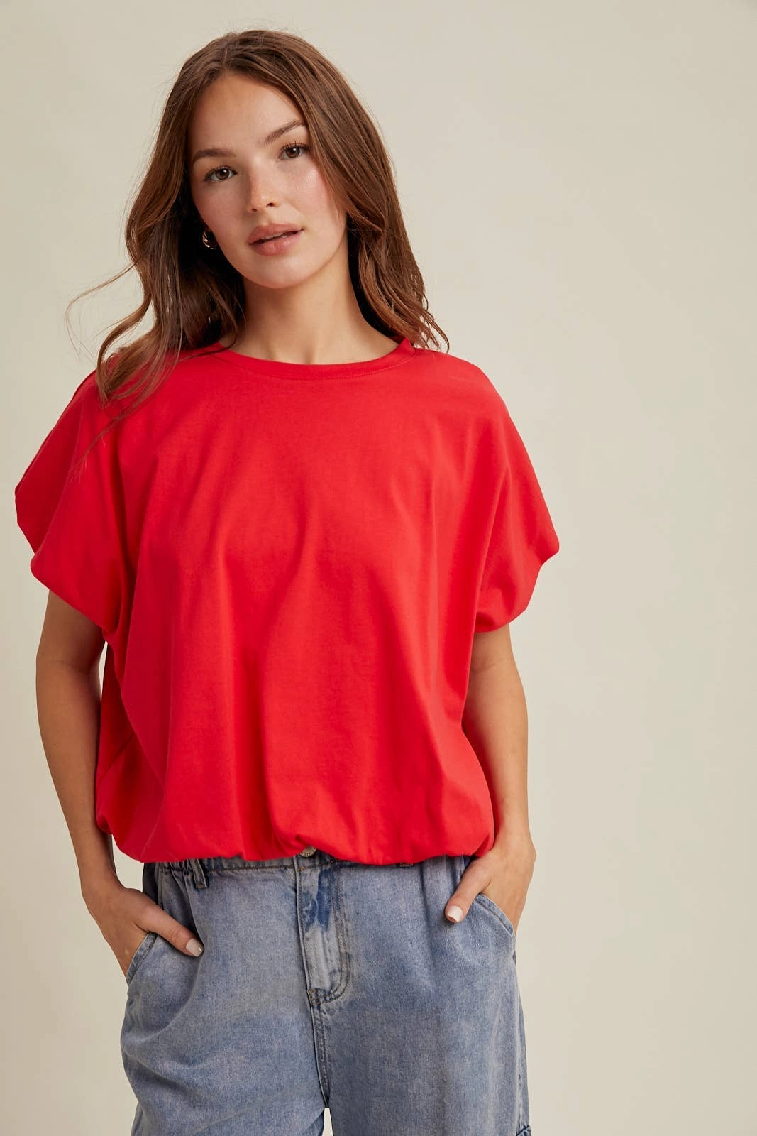 Bubble Hem Knit Top - Red WrinkleResistantTextile