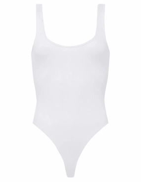 L'AGENCE Nica Scoop Neck Bodysuit in White Everyday Comfort Drop Shoulder Design