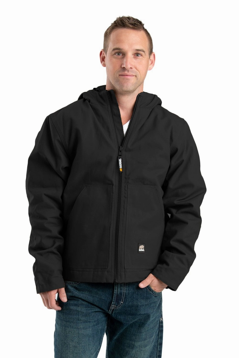 Cold Resist Pocket Details Berne Mens Black 100% Cotton Heritage Duck Hooded Jacket