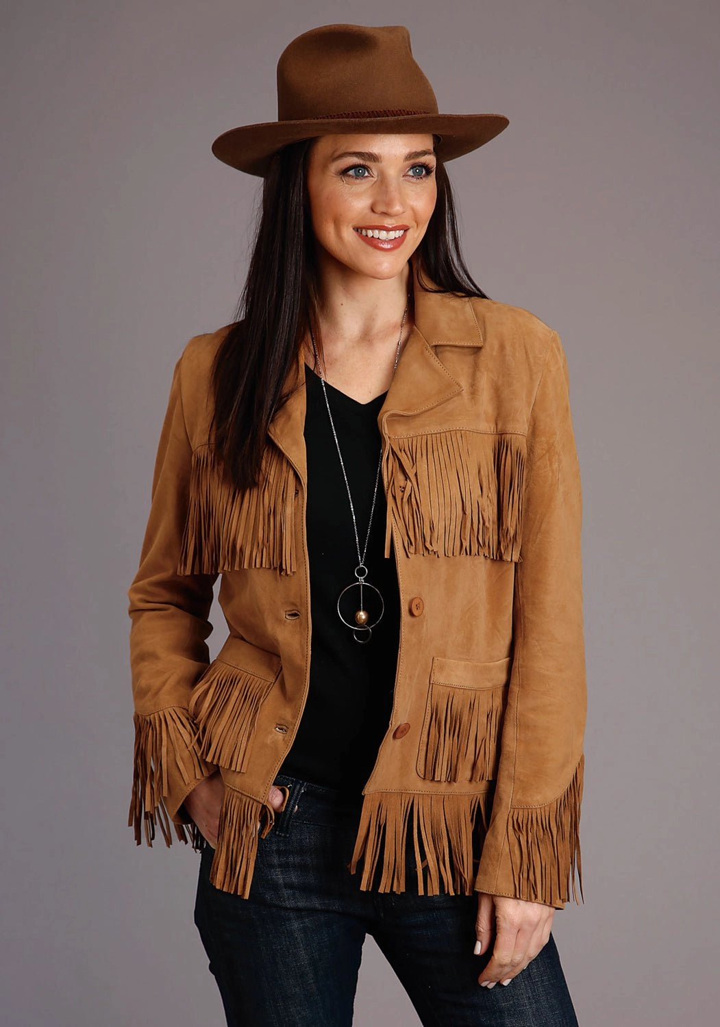 Stetson Womens Tan Leather Thick Suede Fringe Jacket Compression Fit Design