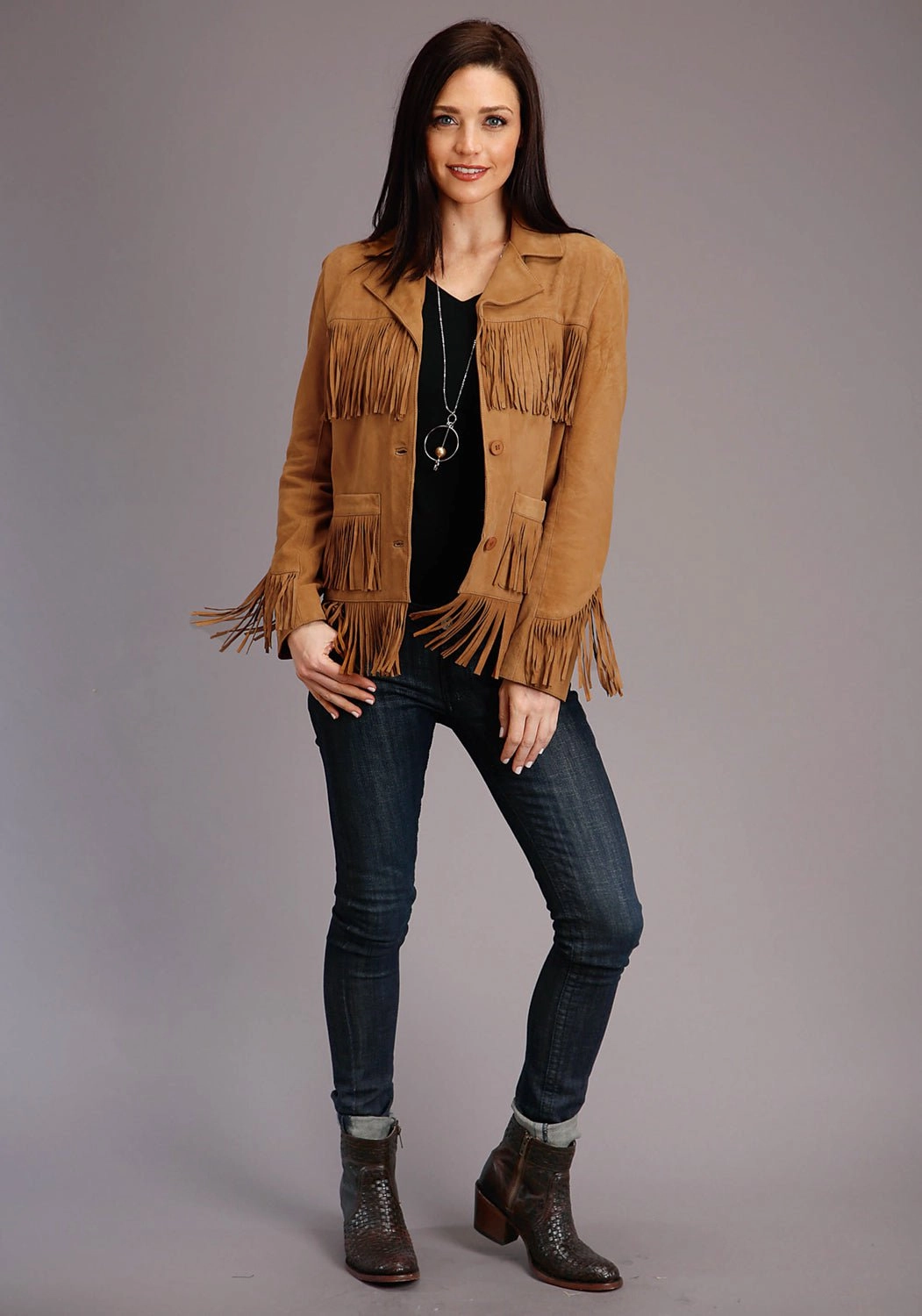 Stetson Womens Tan Leather Thick Suede Fringe Jacket Tear Resistant Fabric Simple Outer