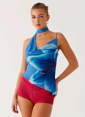 Quick Release Fastener HighNeckCut Andrina Cowl Neck Top - Oceania Bloom