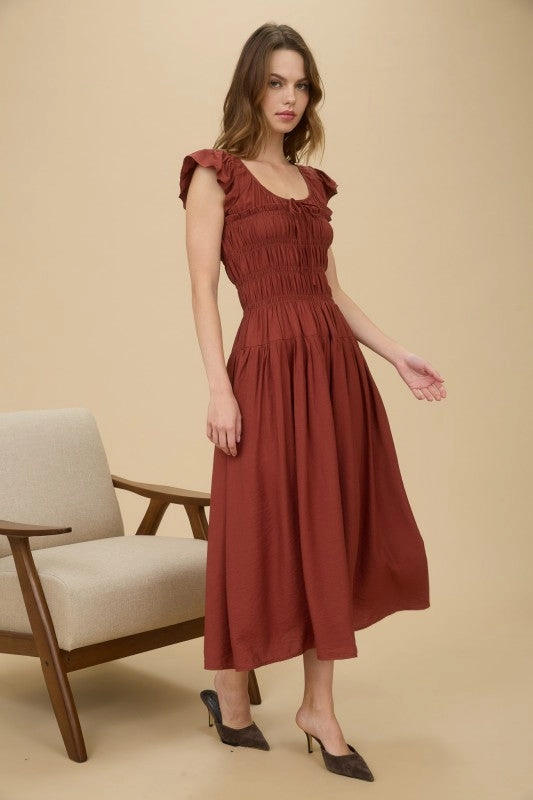 Lillian Shirred Bodice Ruffle Sleeve Midi Dress relaxed elegance Modern Wear
