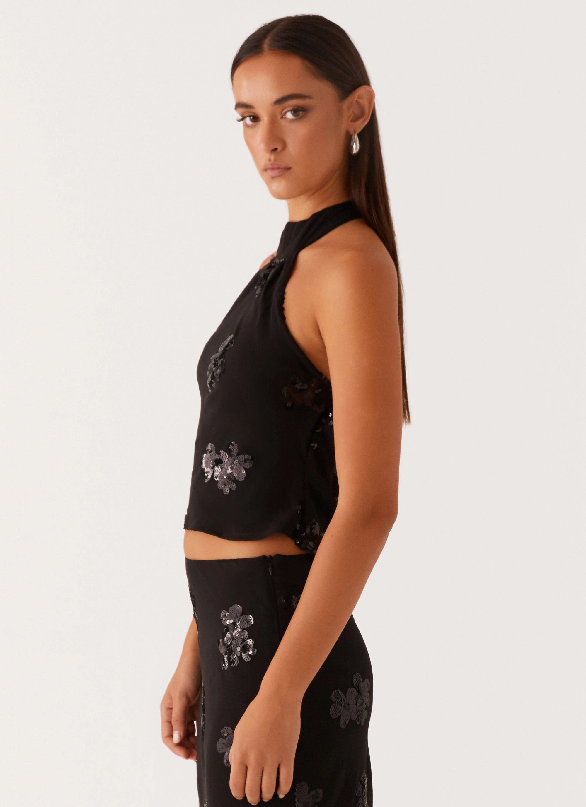 Cillian Sequin Halter Top - Black TwoToneEffect Unlined Design