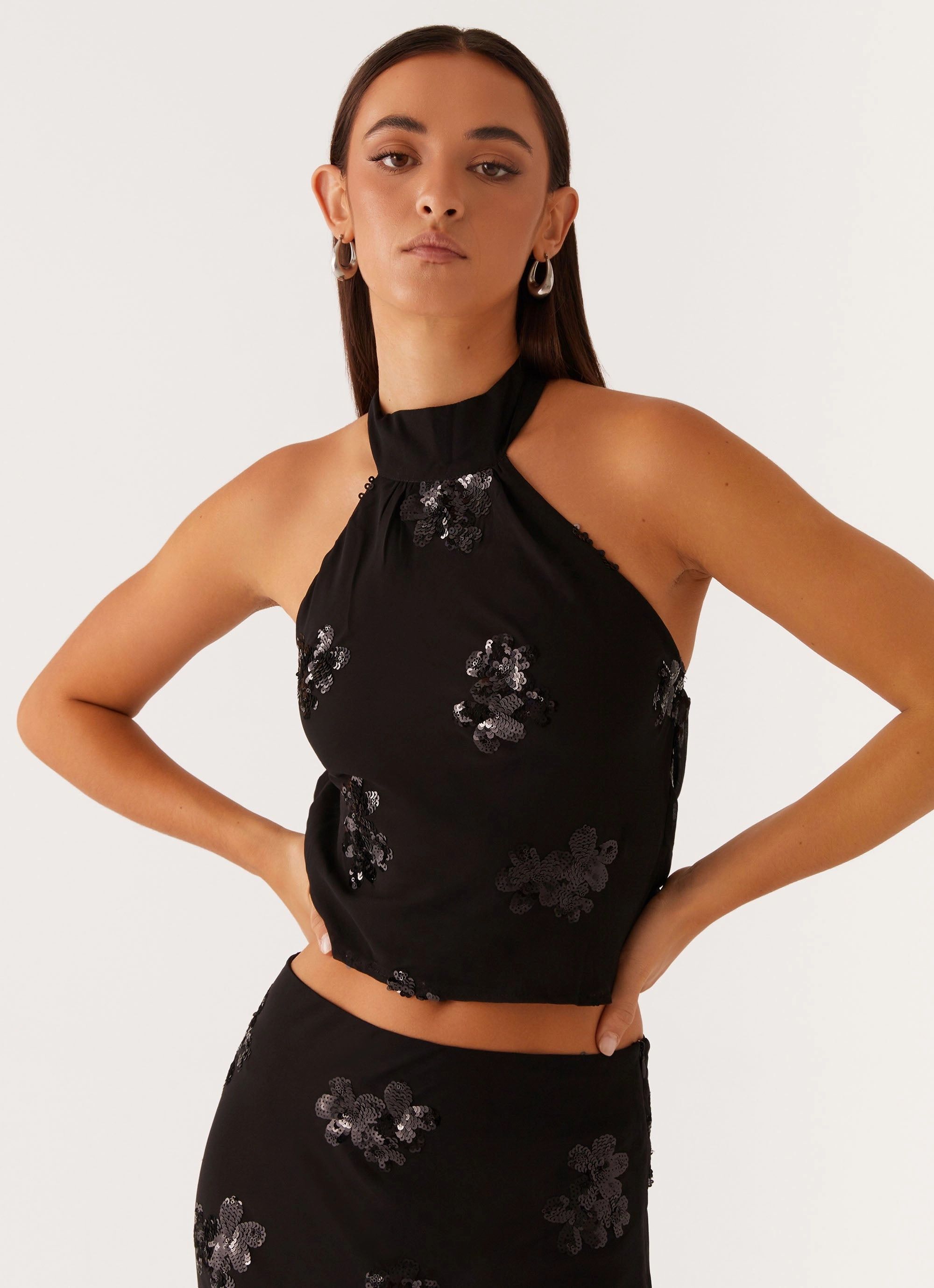 Cillian Sequin Halter Top - Black UltravioletProtectionFabric