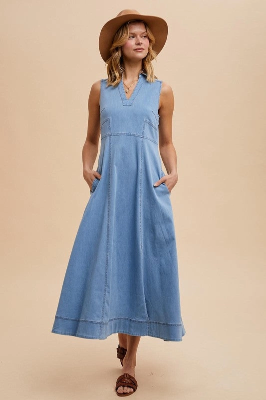 Knot-Detail LORELEI COLLARED DENIM FLARE MIDI