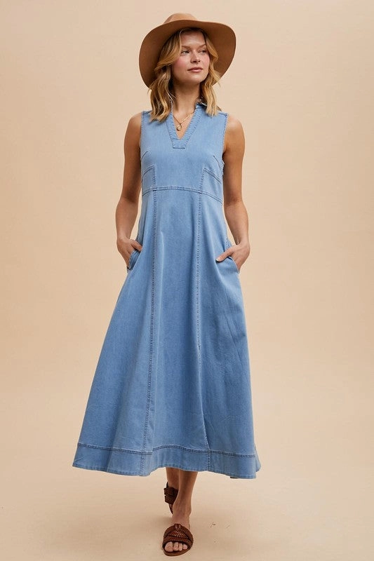 LORELEI COLLARED DENIM FLARE MIDI Satin-Finish All-Season Wear