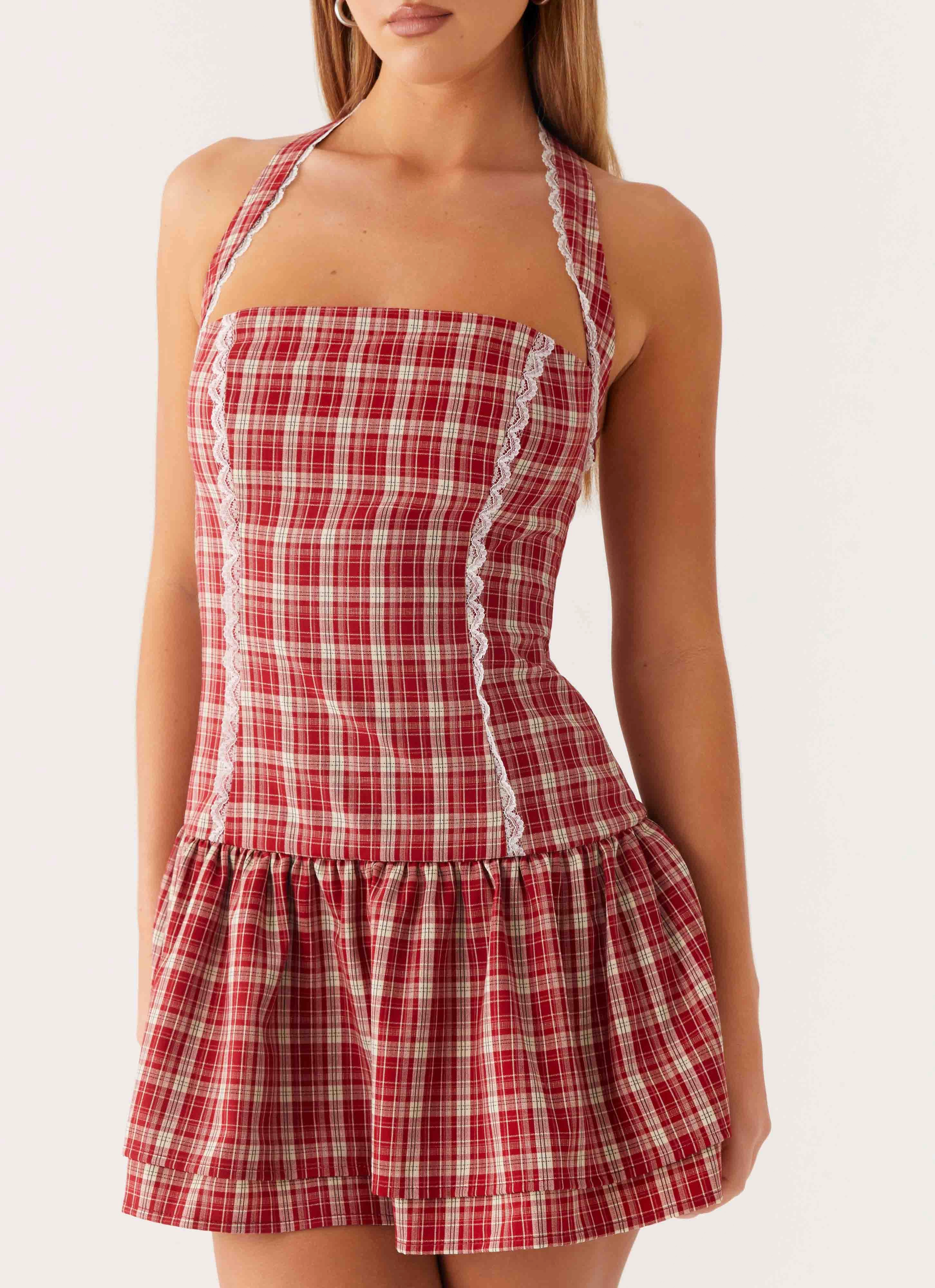 Flattering Cut Wear Fitted Style Lotus Dream Mini Dress - Ruby Check