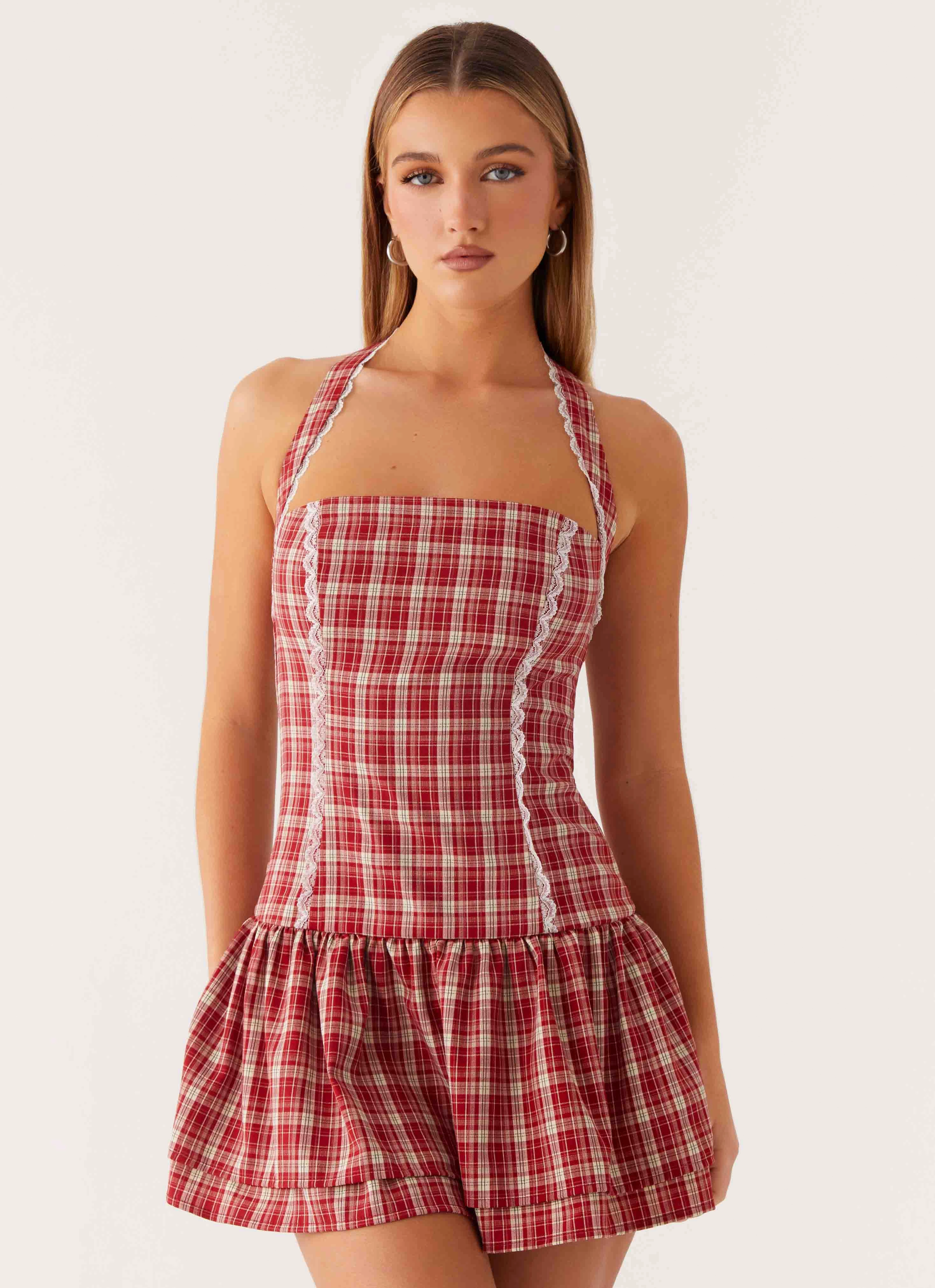 Lotus Dream Mini Dress - Ruby Check Sheer Look