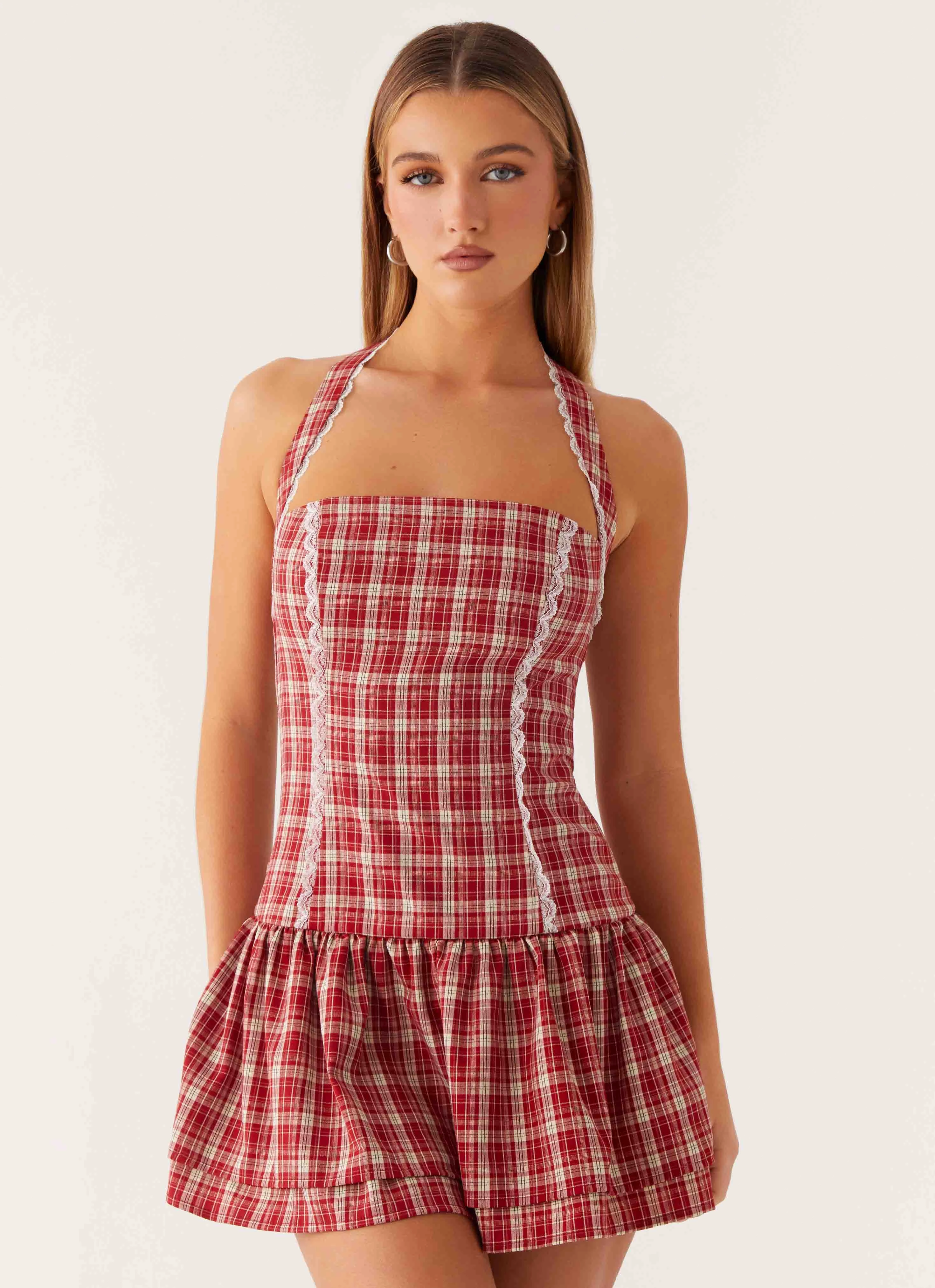 Casual Wear Lotus Dream Mini Dress - Ruby Check