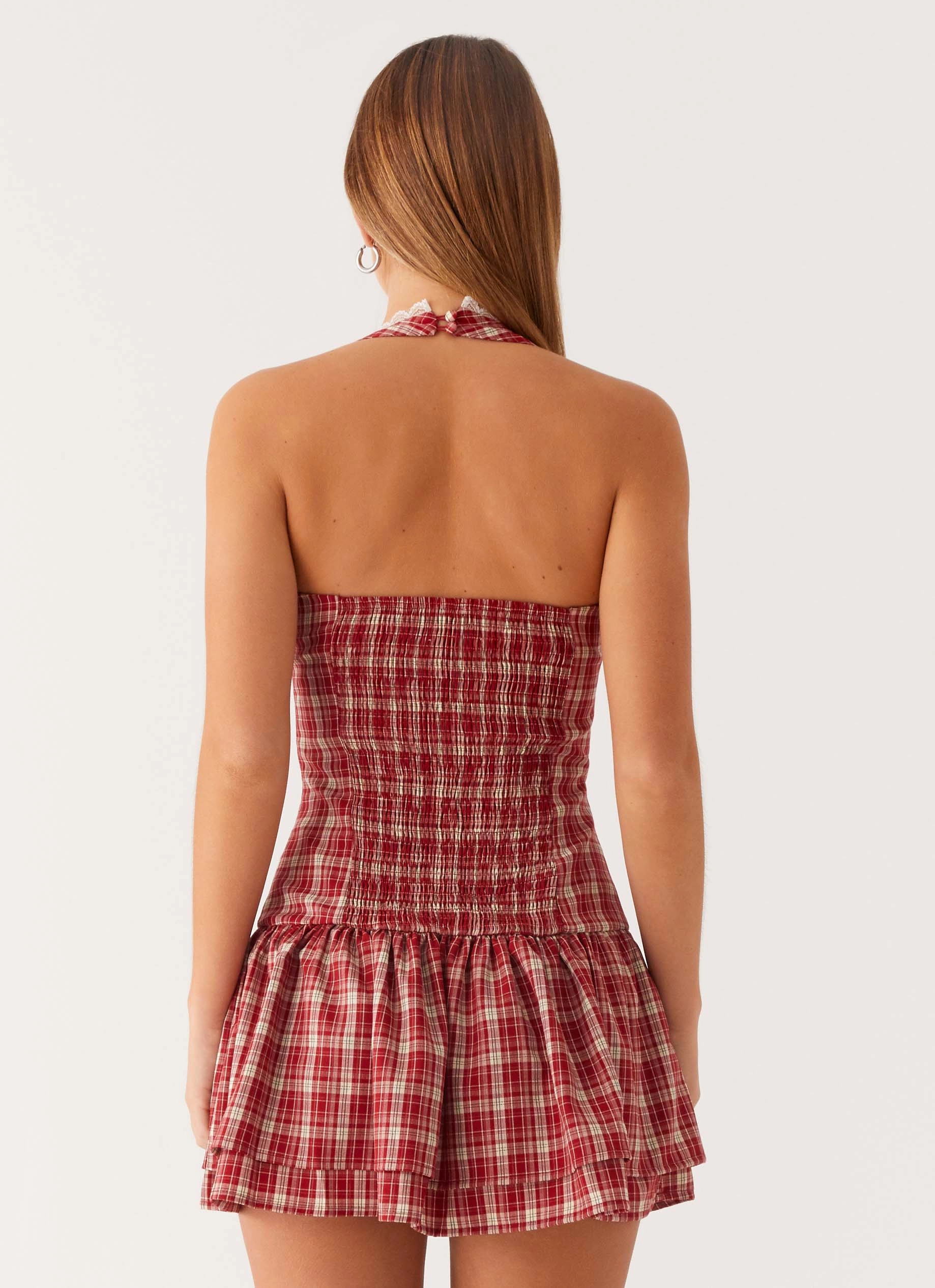 Lotus Dream Mini Dress - Ruby Check Flattering Fit for All Relaxed-fit
