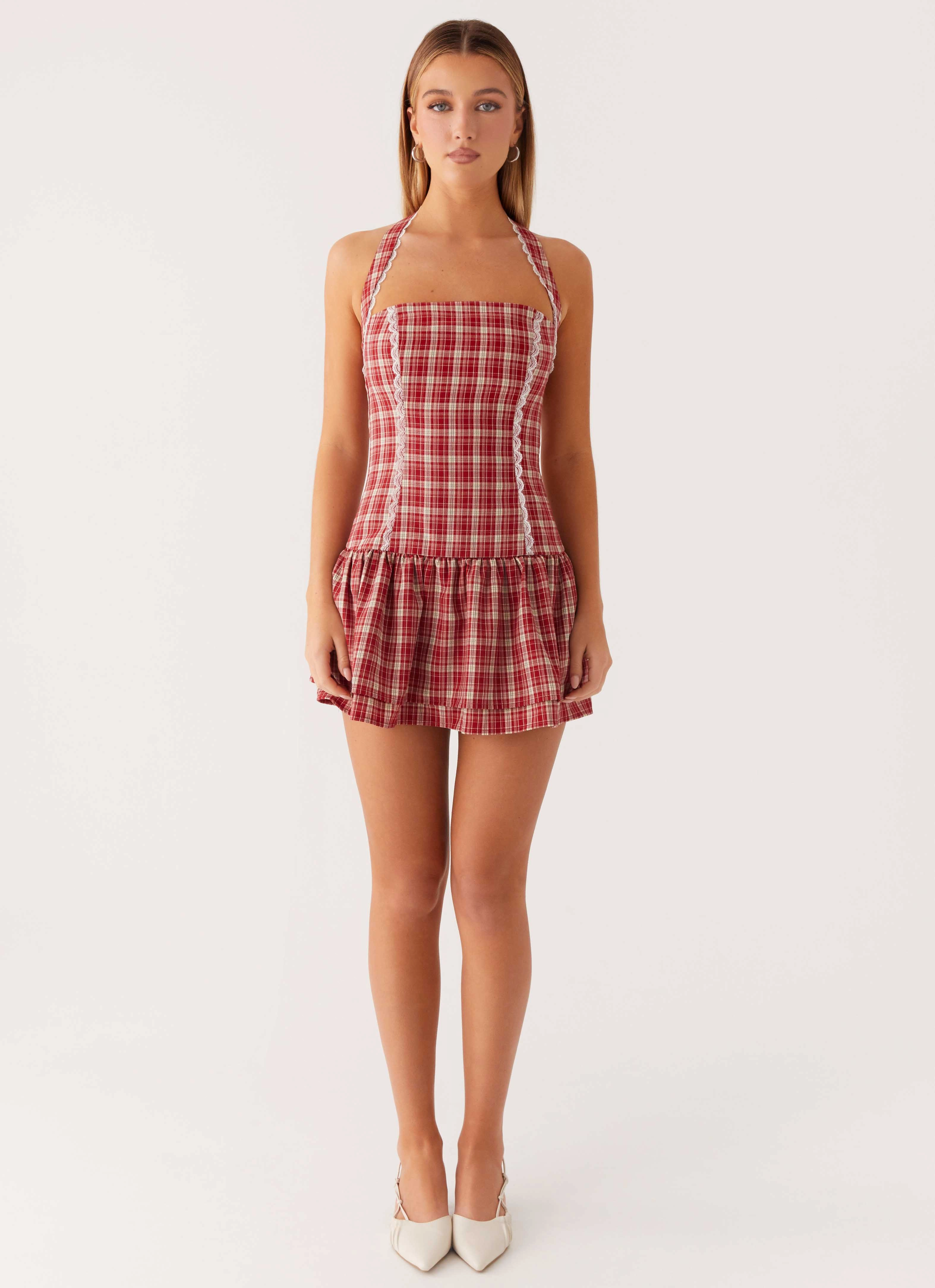 Lotus Dream Mini Dress - Ruby Check Sleek Draping