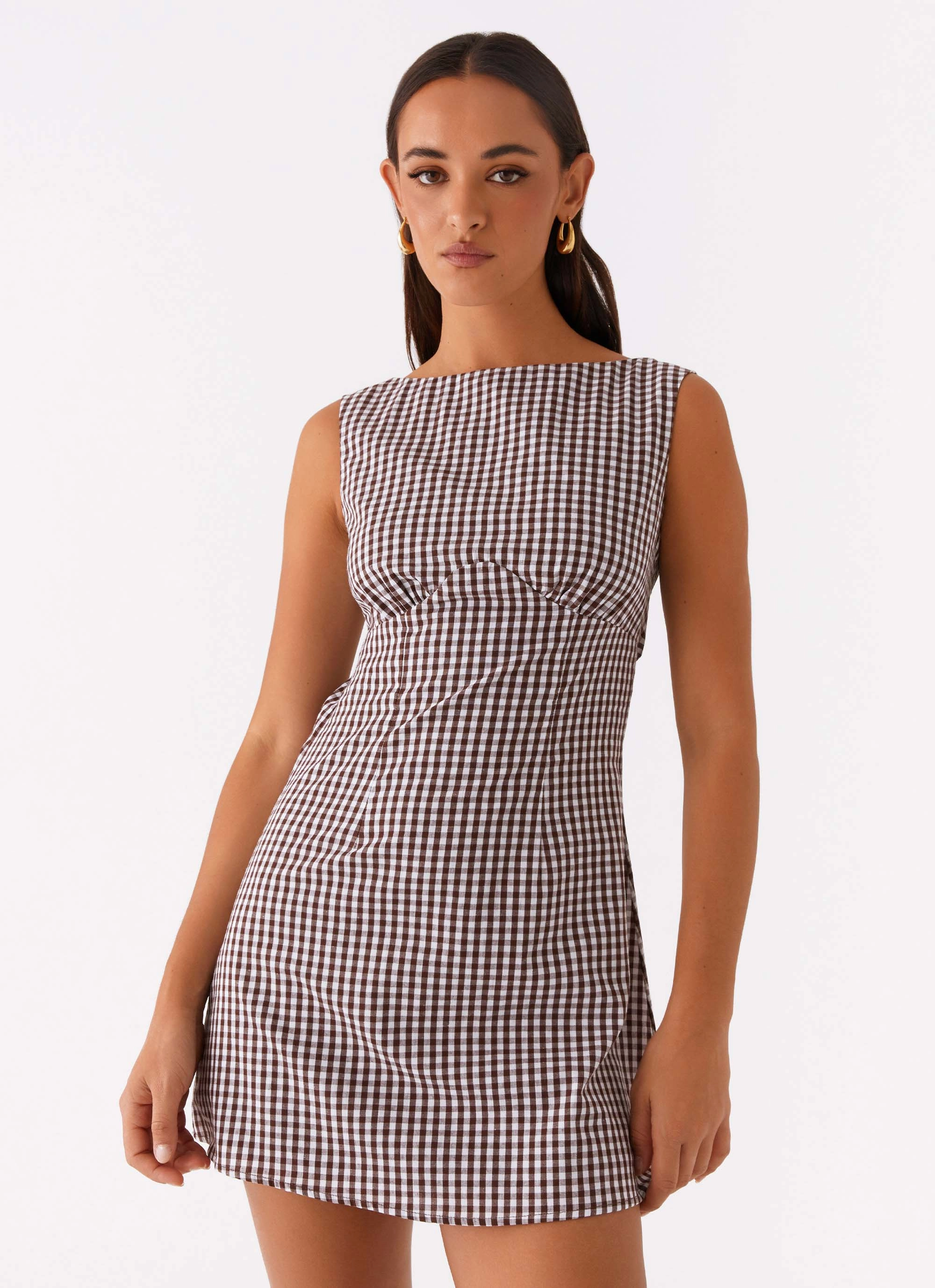 Lotus Tie Back Mini Dress - Chocolate Gingham Bishop-Sleeve Retro Mood