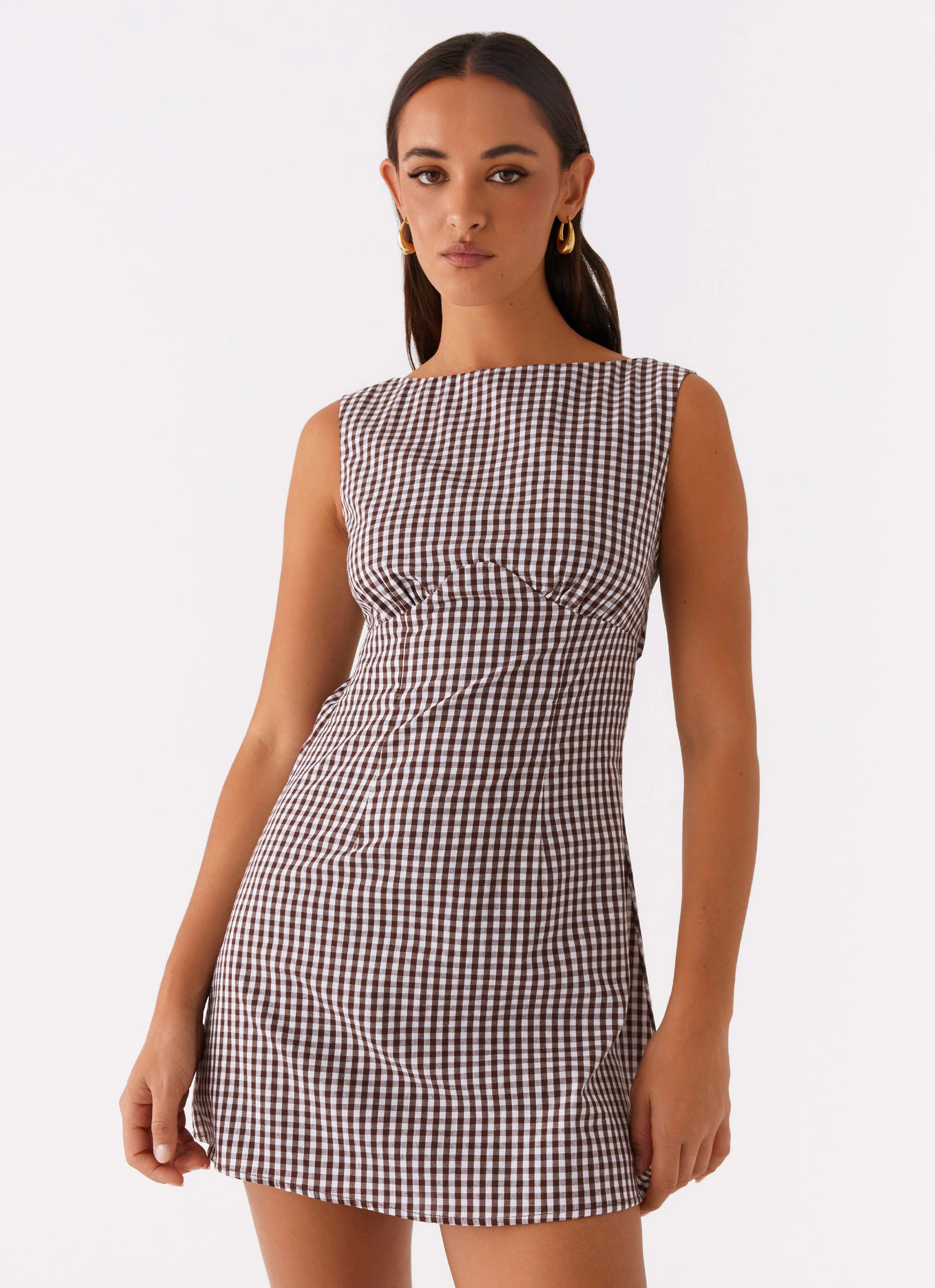 Calm Fit Perfect For Work Lotus Tie Back Mini Dress - Chocolate Gingham