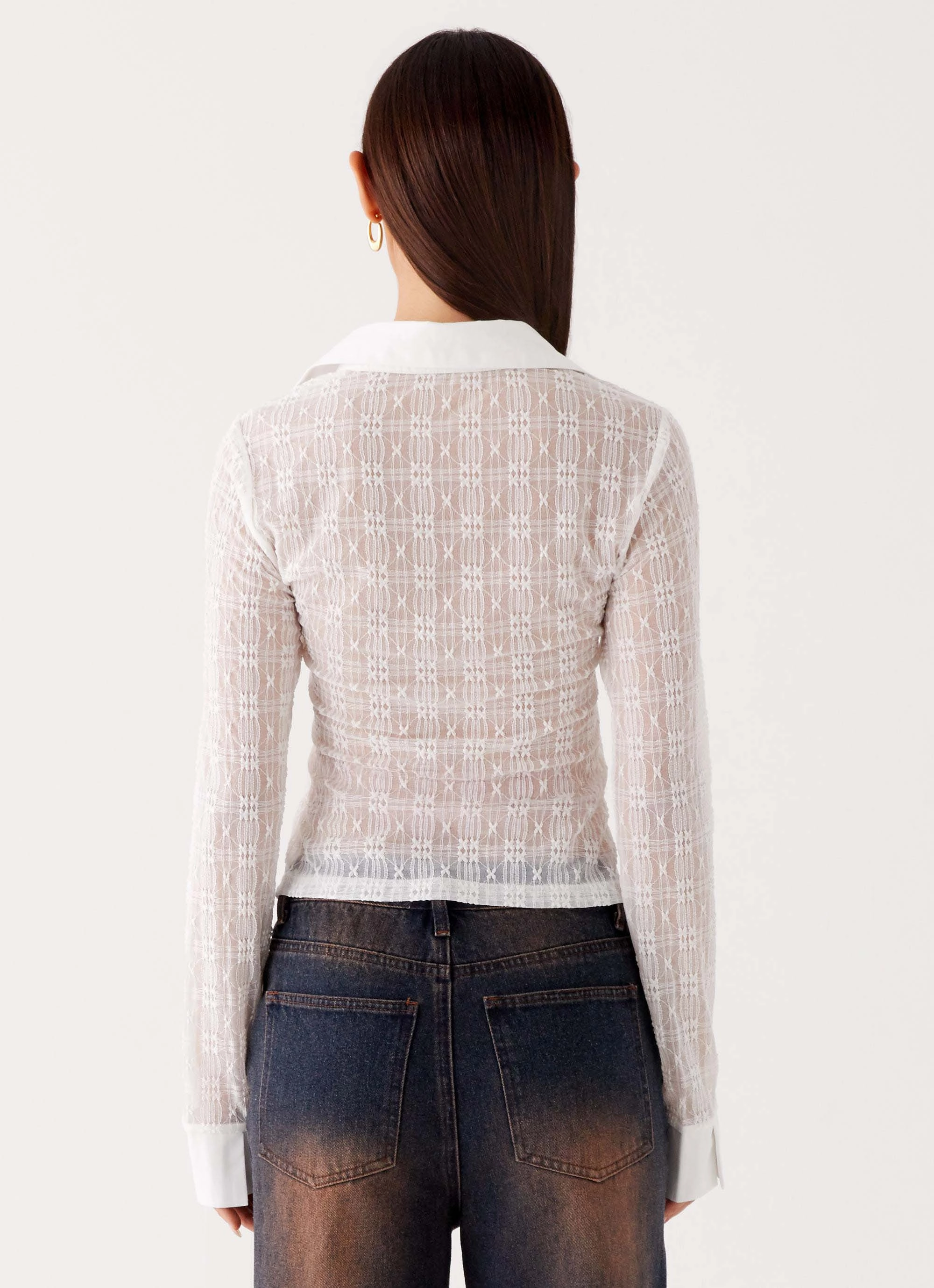 Textured Weave Pattern Loui Lace Long Sleeve Top - White