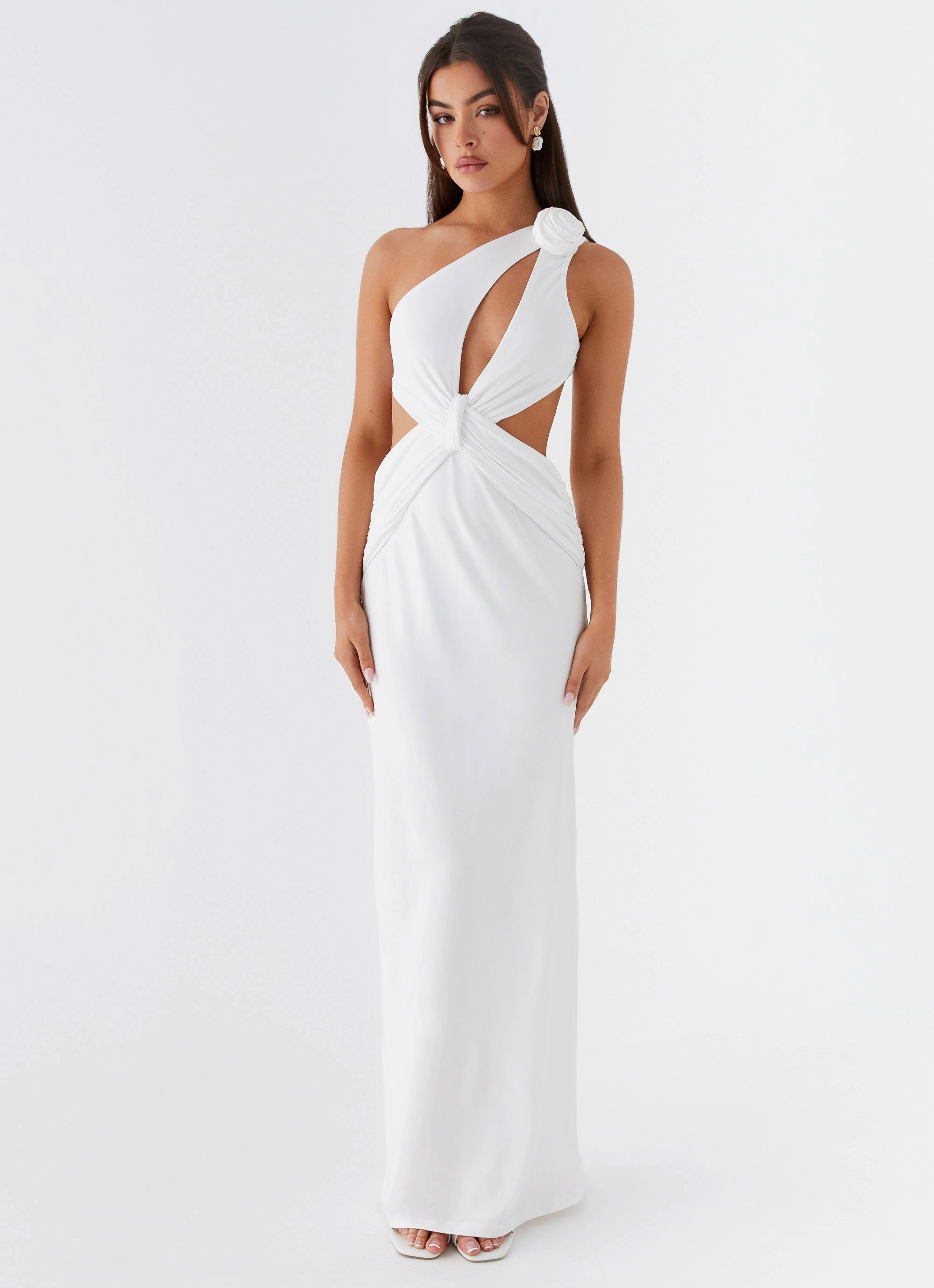 Lovesome Rosa Maxi Dress - White Gathered Skirt Smart Texture