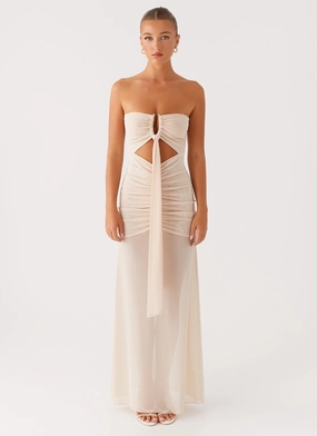 Lovie Maxi Dress - Beige Cozy Style Sheer Panel
