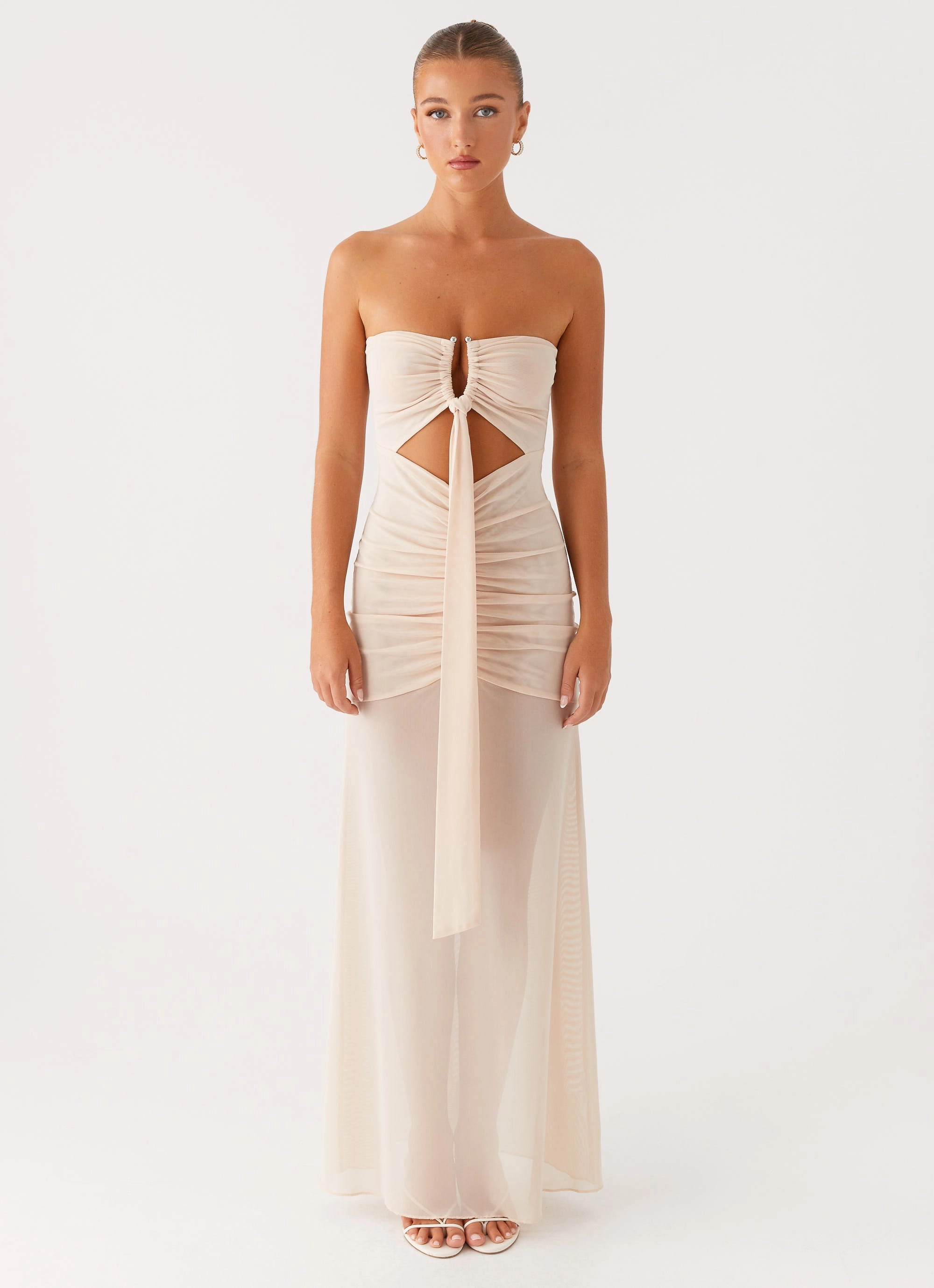 Lovie Maxi Dress - Beige Cozy Style Sheer Panel