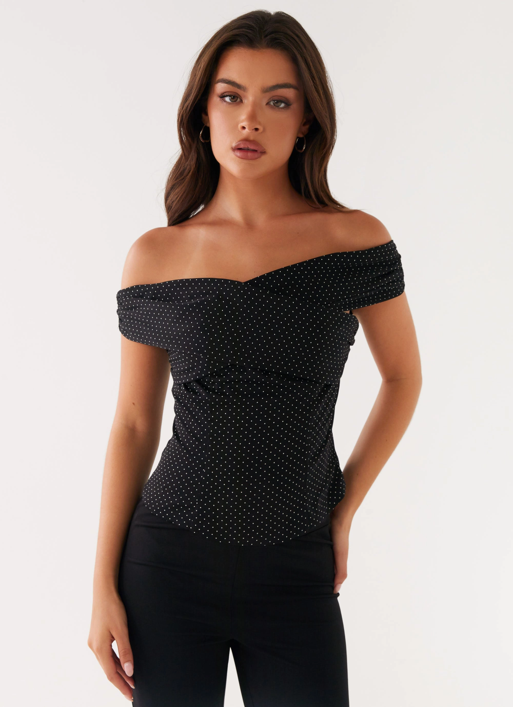 Tamera Top - Black Polka Dot Ribbed Trims Airflow Mesh Panel