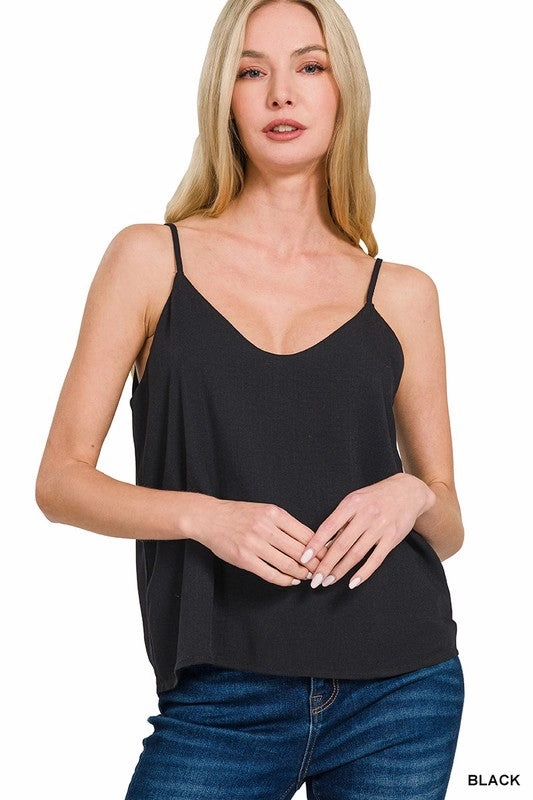 Smooth Zipper Integration Minimalist Aesthetic Lucy 2 Layered Rayon Slub Woven Cropped Camisole