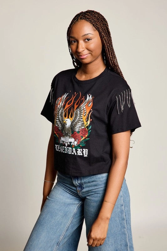 ZeroWaste Pattern Legendary Eagle Rhinestone Fringe Tee