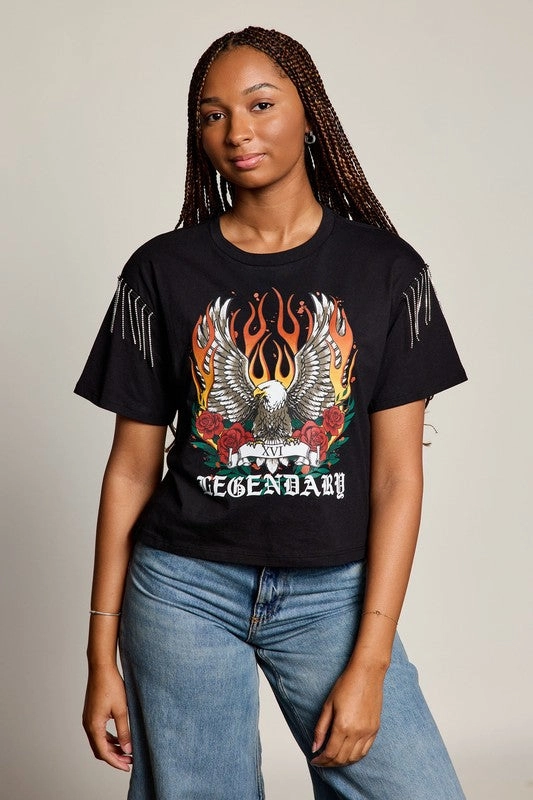 Retro design Legendary Eagle Rhinestone Fringe Tee