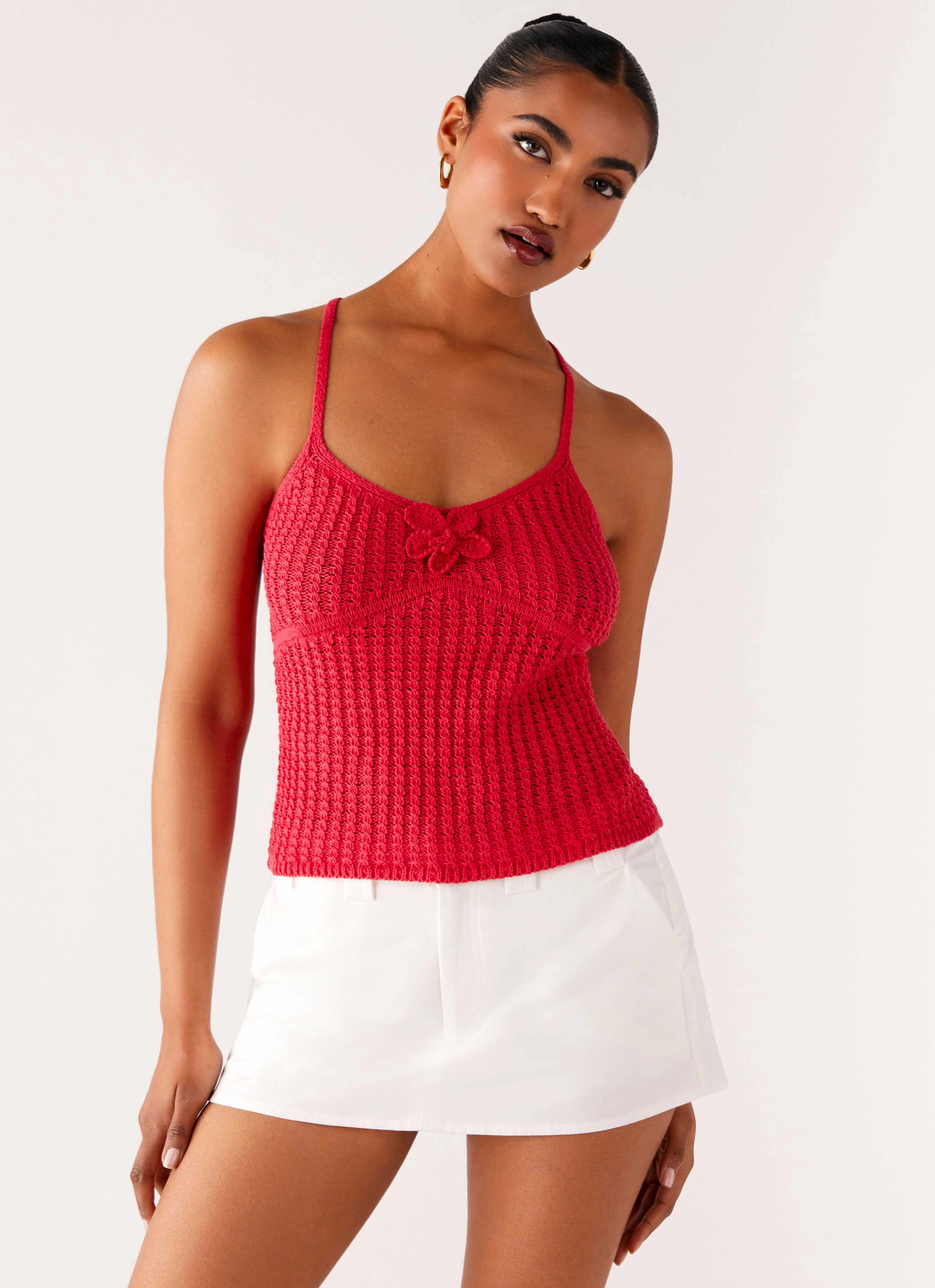 Tapered Side Panels Tiare Crochet Top - Fuchsia