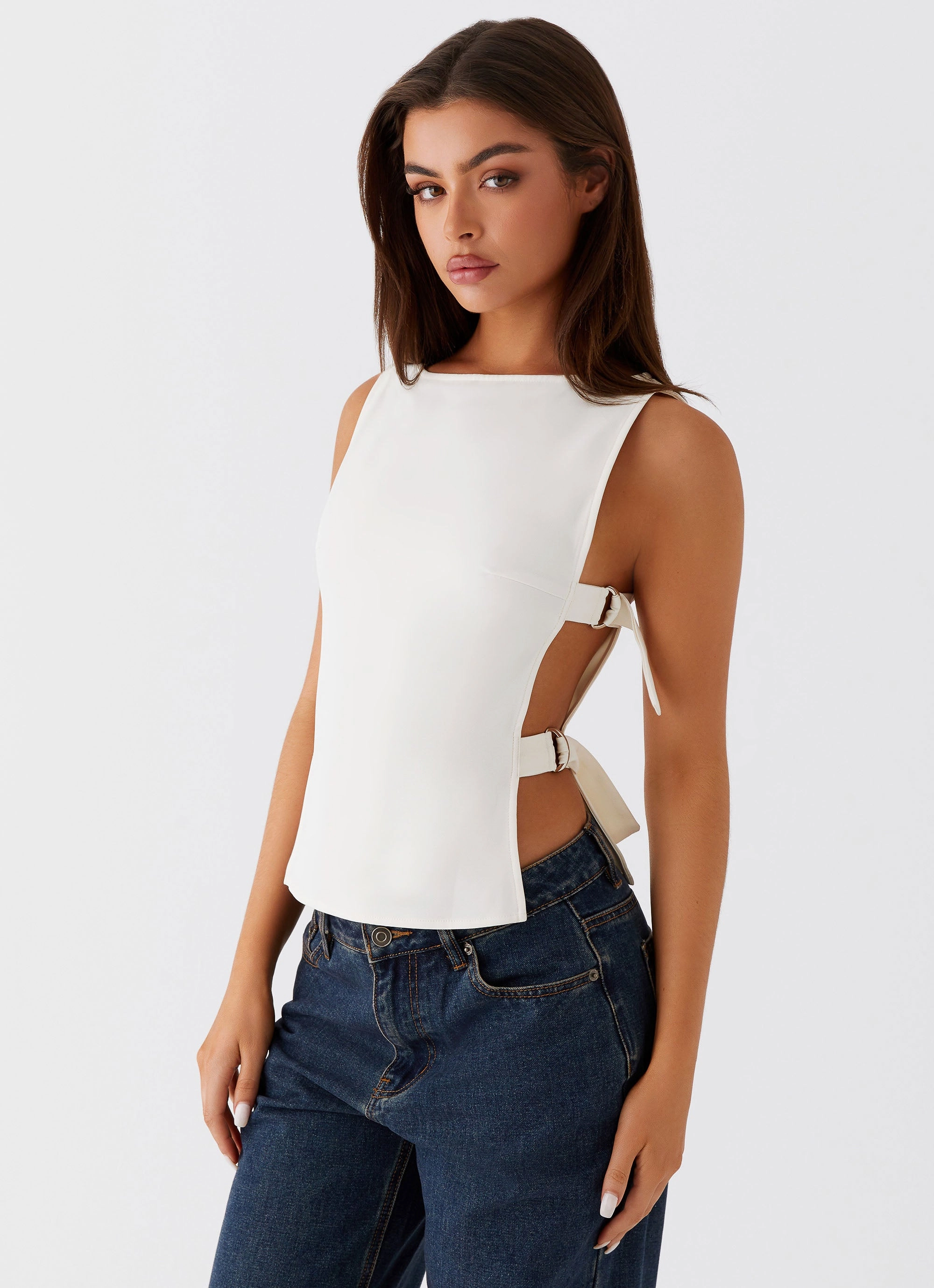 Roll Up Sleeve Design FrenchTerryTexture Cherish You Buckle Top - White