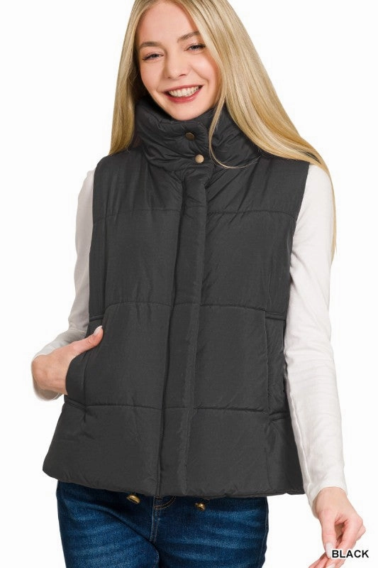 Luca High Neck Puffer Vest Fur Trim Windbreaker Style