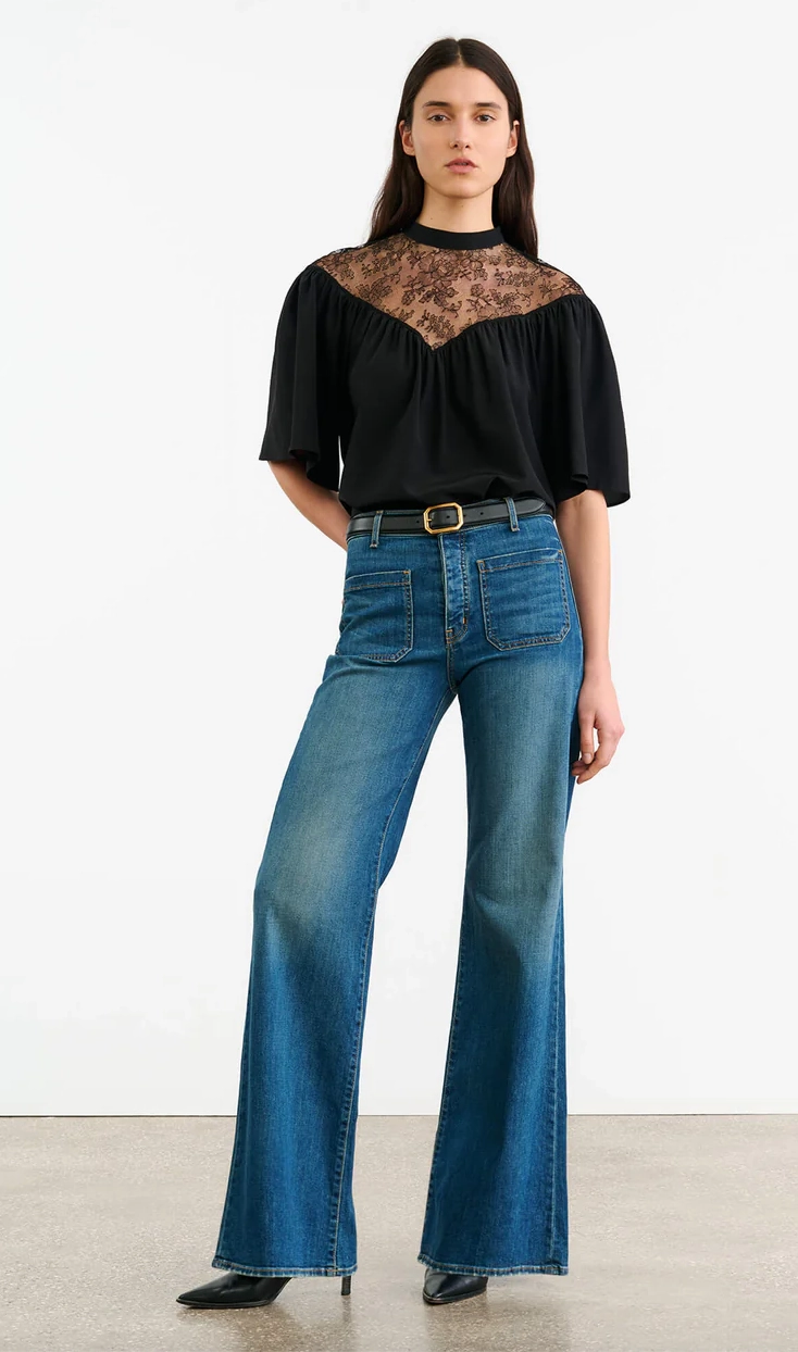 Sheer Overlay Material Fade Resistant Dye Lucie Lace Blouse in Black