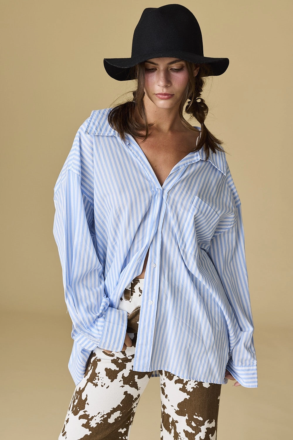 Non Closure Collar Biodegradable Fiber Luna Oversized Stripe Shirt - Blue