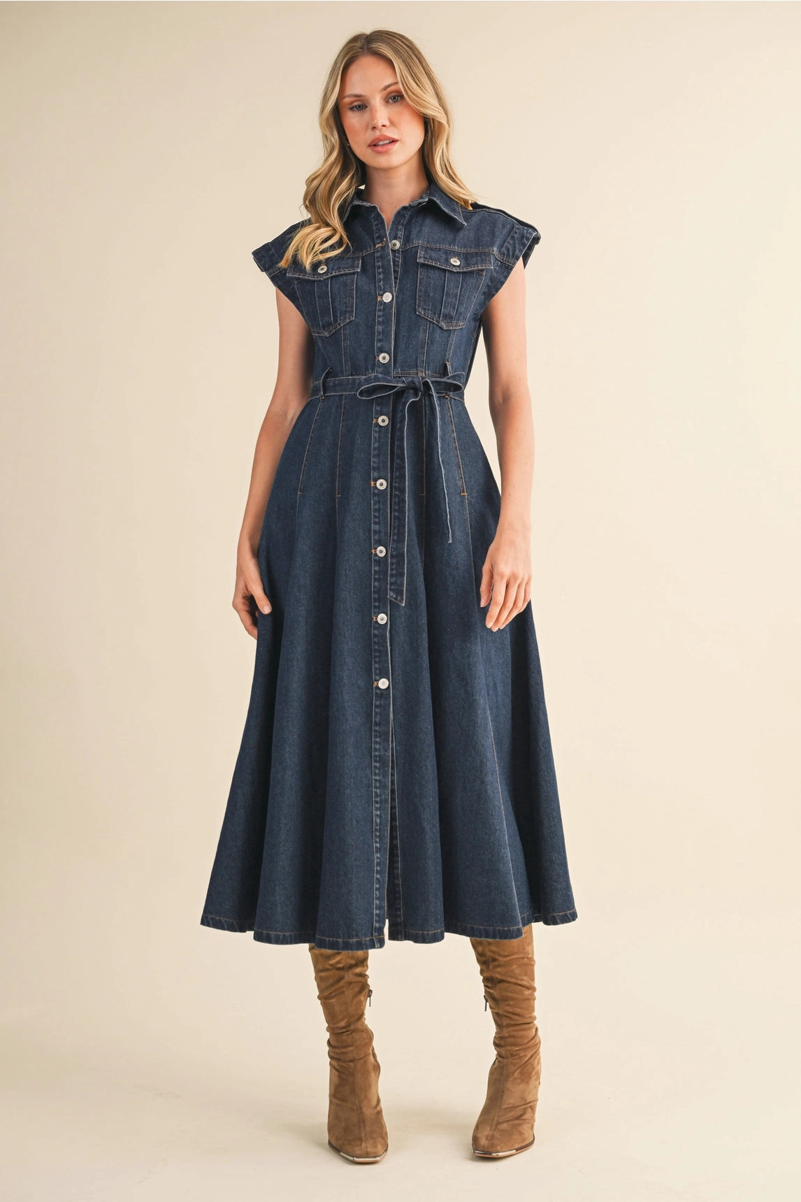 Autumn Look Perfect For Work Belted Denim Button Down Midi Dress