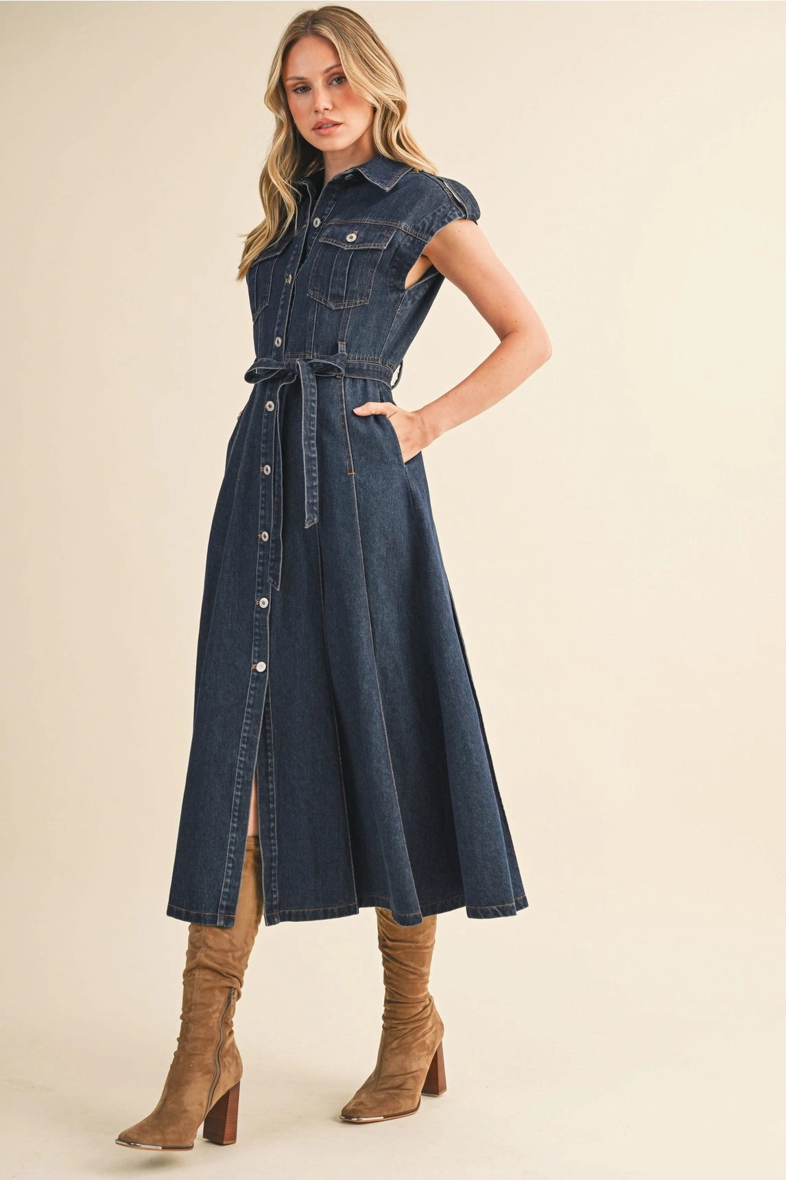 Belted Denim Button Down Midi Dress MoldResistantTexture Simple Profile