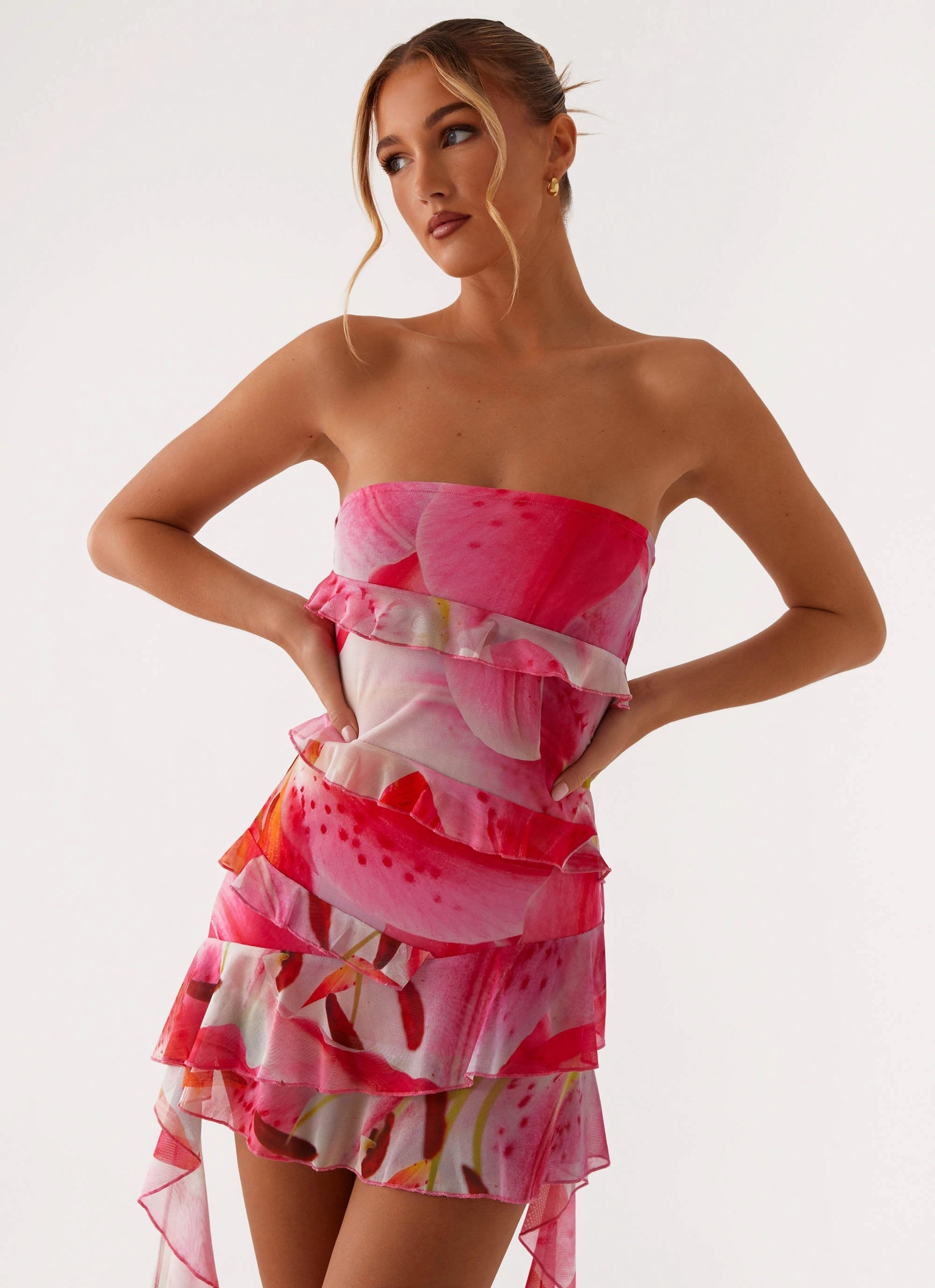 Macey Mini Dress - White Pink Lilly Natural Layers