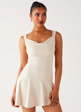 Dune Whisper Mini Dress - Ivory Flap-Detail Bodycon Fit